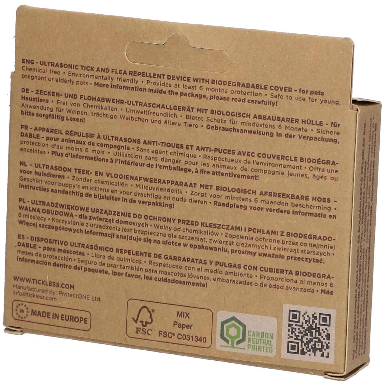 Rückseite der TICKLESS ECOPet Verpackung. Text in mehreren Sprachen. FSC-Logo und andere Zertifizierungen.
