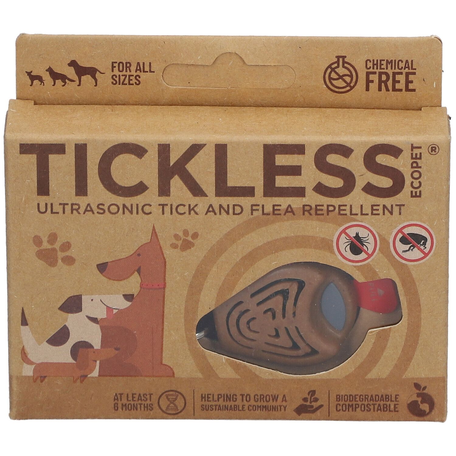 TICKLESS ECOPet Verpackung. Braune Kartonverpackung mit Produktabbildung und Text. Produkt durch Fenster sichtbar.
