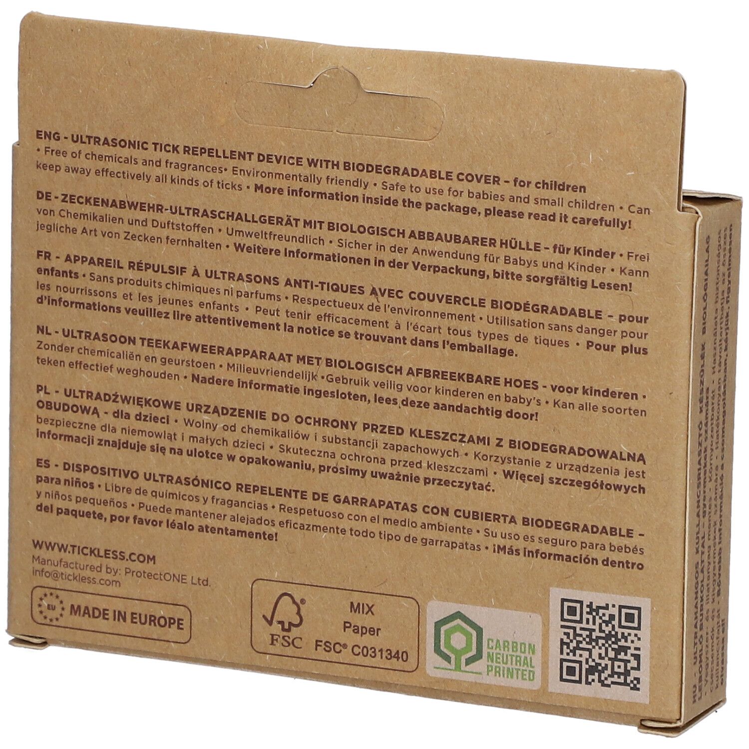 Rückseite der Kartonverpackung Tickless Ecokid. Text in mehreren Sprachen. Logos: FSC, Carbon Neutral, Made in Europe.