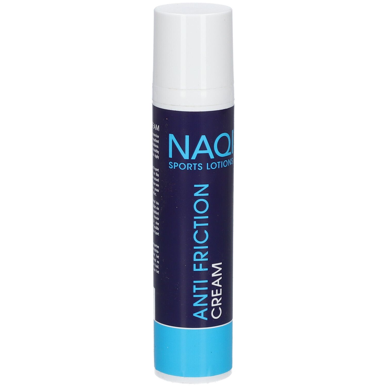 Zylindrische Tube mit weißem Deckel. Aufschrift: NAQI SPORTS LOTIONS, ANTI FRICTION CREAM. Blau-weiße Farbgebung.