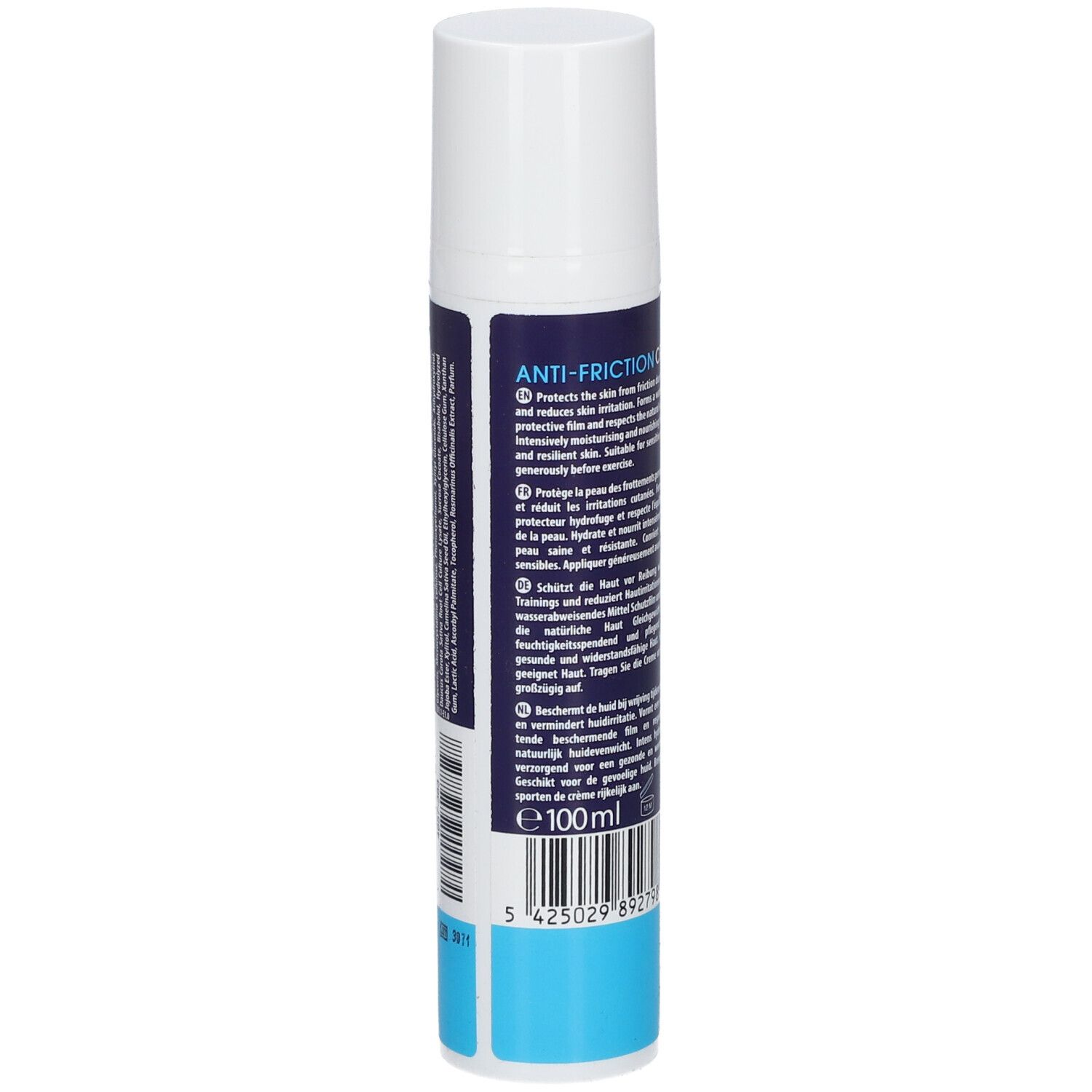 Rückseite der Tube. Text in mehreren Sprachen. Volumenangabe: 100ml. Barcode und blaue Farbgebung.