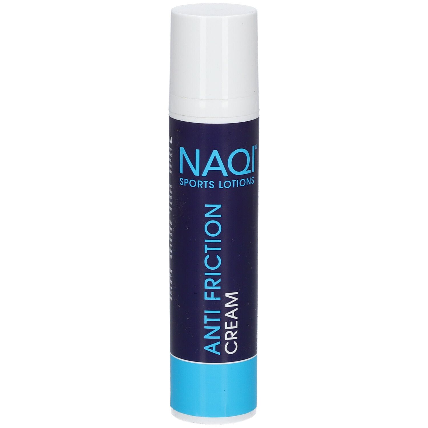 Zylindrische Tube mit weißem Deckel. Aufschrift: NAQI SPORTS LOTIONS, ANTI FRICTION CREAM. Blau-weiße Farbgebung.