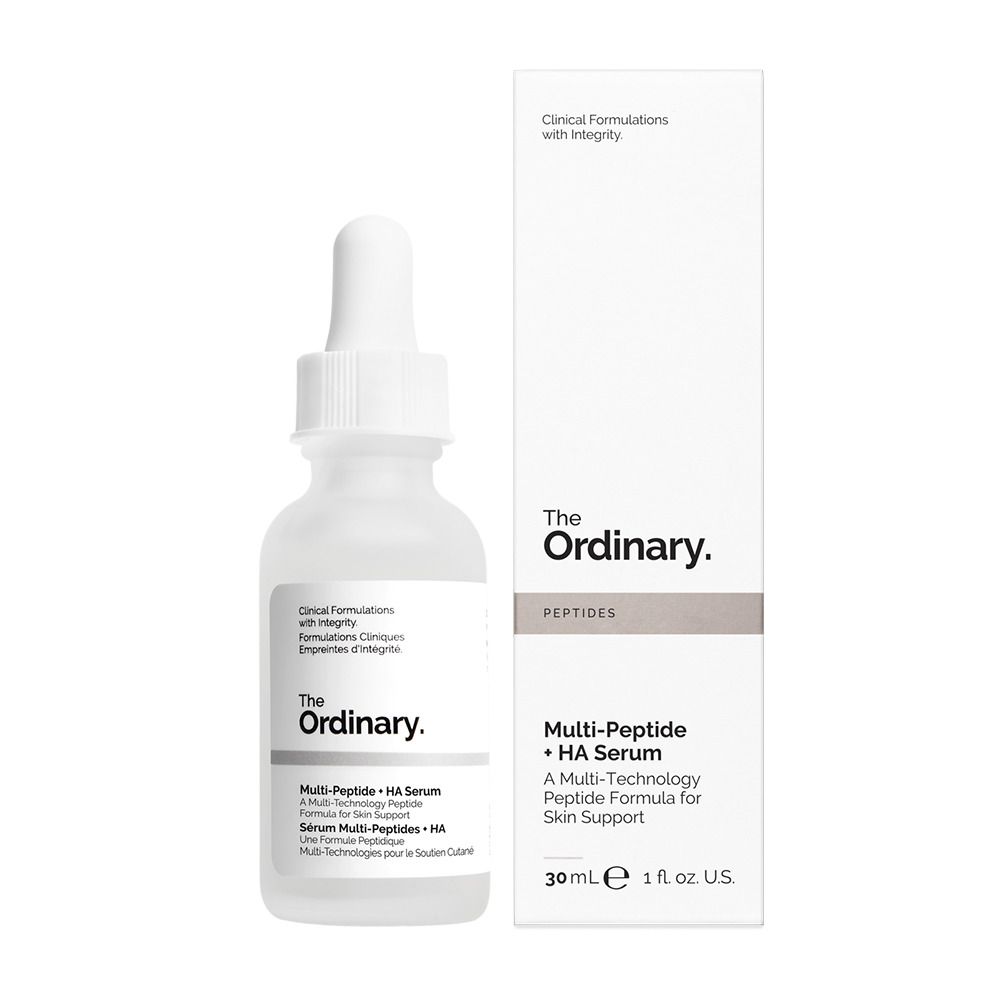 Serumflasche und Verpackung. Aufschrift: The Ordinary. Multi-Peptide + HA Serum.