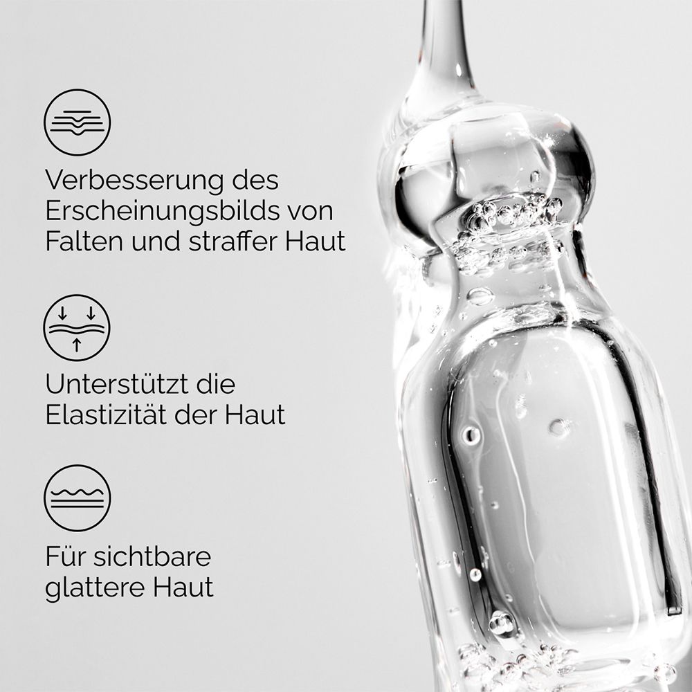 Grafik mit Pfeilen und Text: Verbesserung von Falten, Elastizität, glattere Haut.