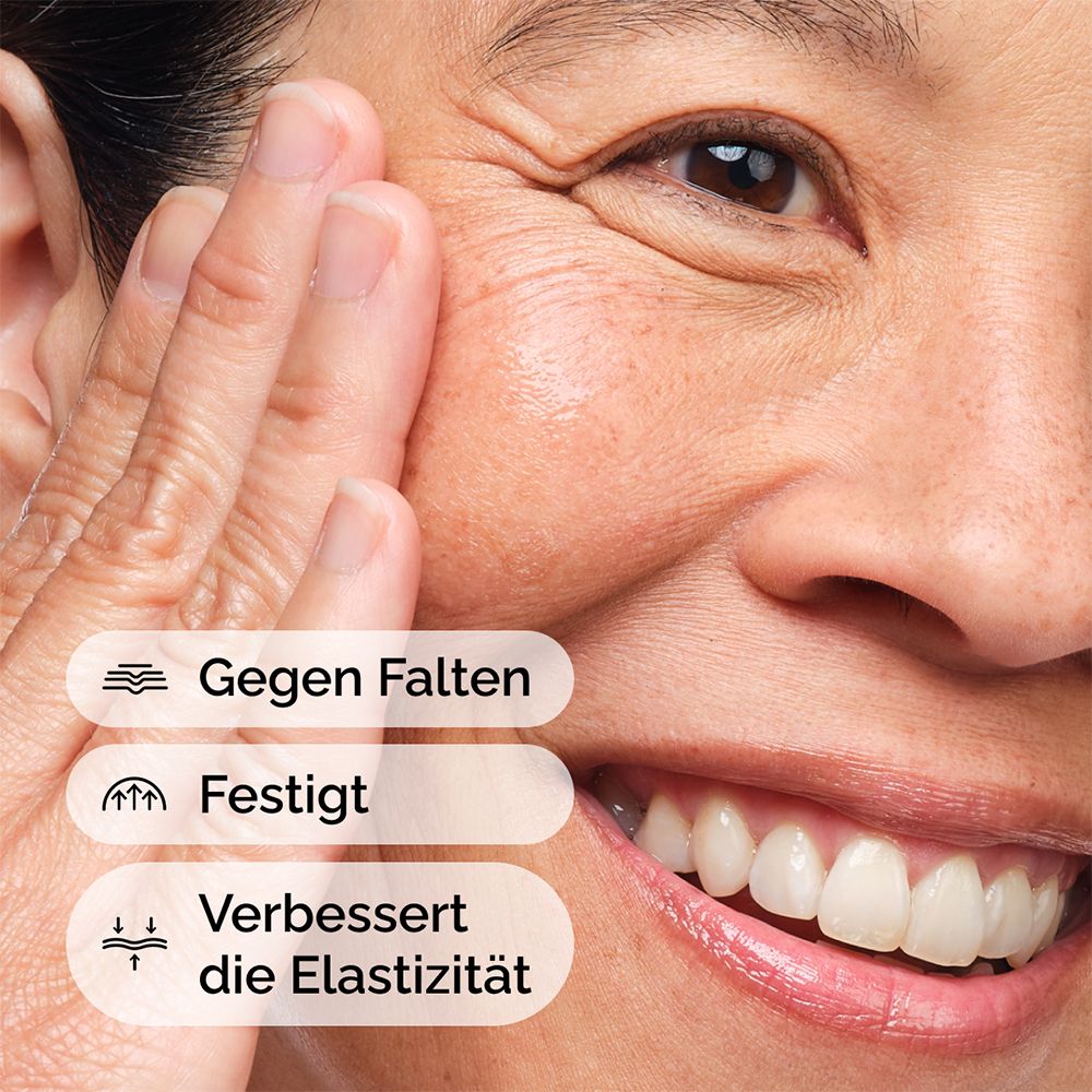 Frau berührt Gesicht. Text: Gegen Falten, Festigt, Verbessert Elastizität.
