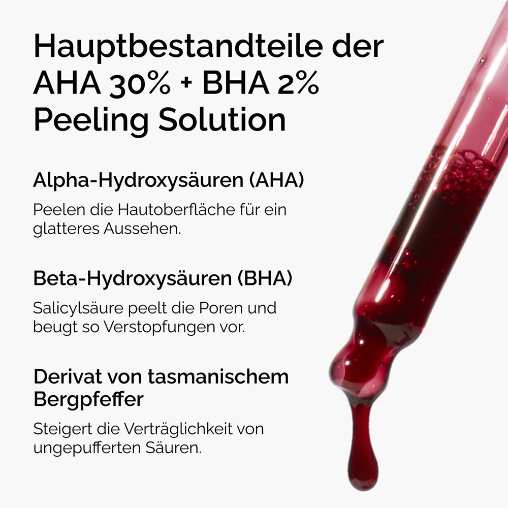 Nahaufnahme einer Pipette mit roter Flüssigkeit. Text: AHA, BHA, Derivat von tasmanischem Bergpfeffer.