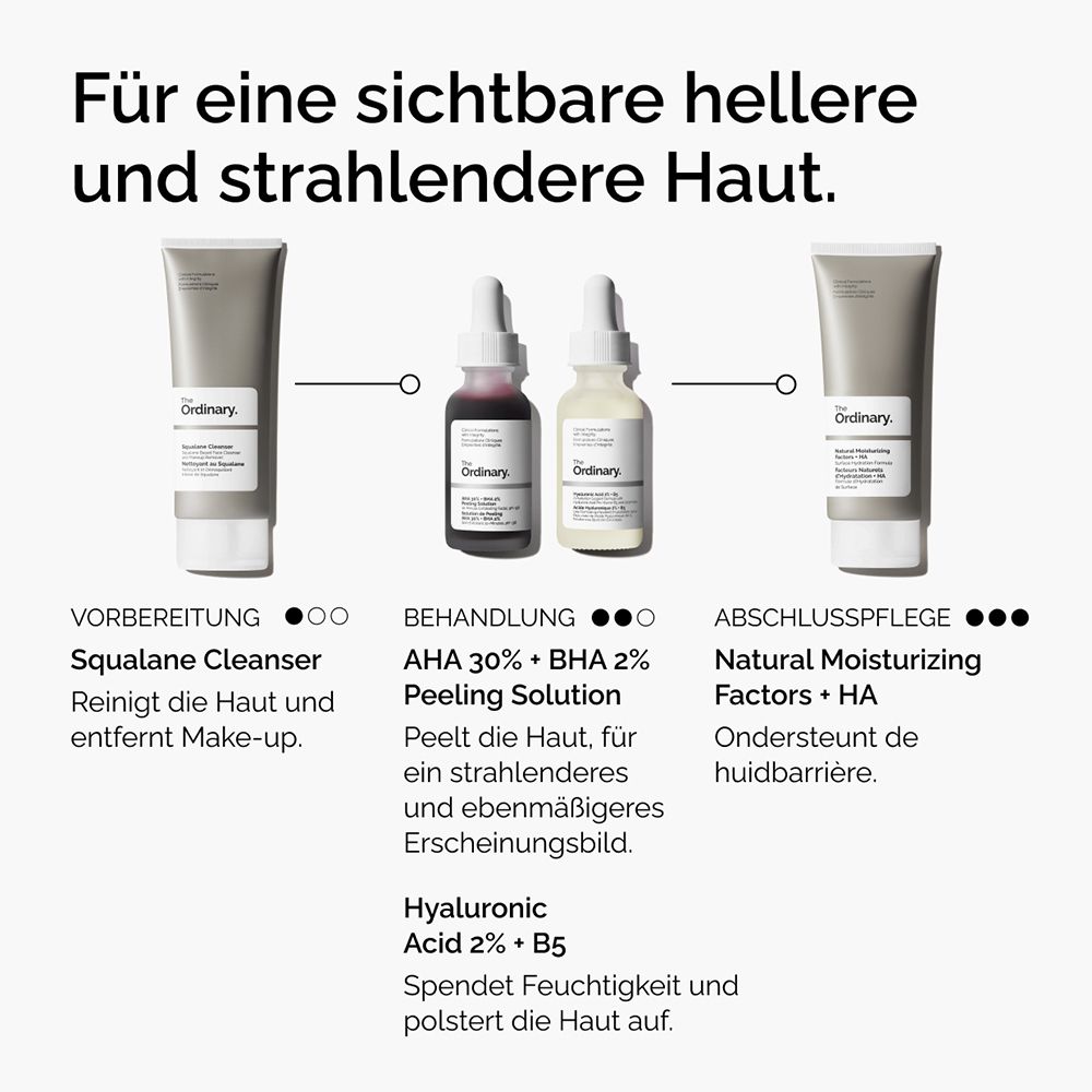 Drei Produkte nebeneinander. Text: Squalane Cleanser, AHA 30% + BHA 2% Peeling Solution, Natural Moisturizing Factors + HA.