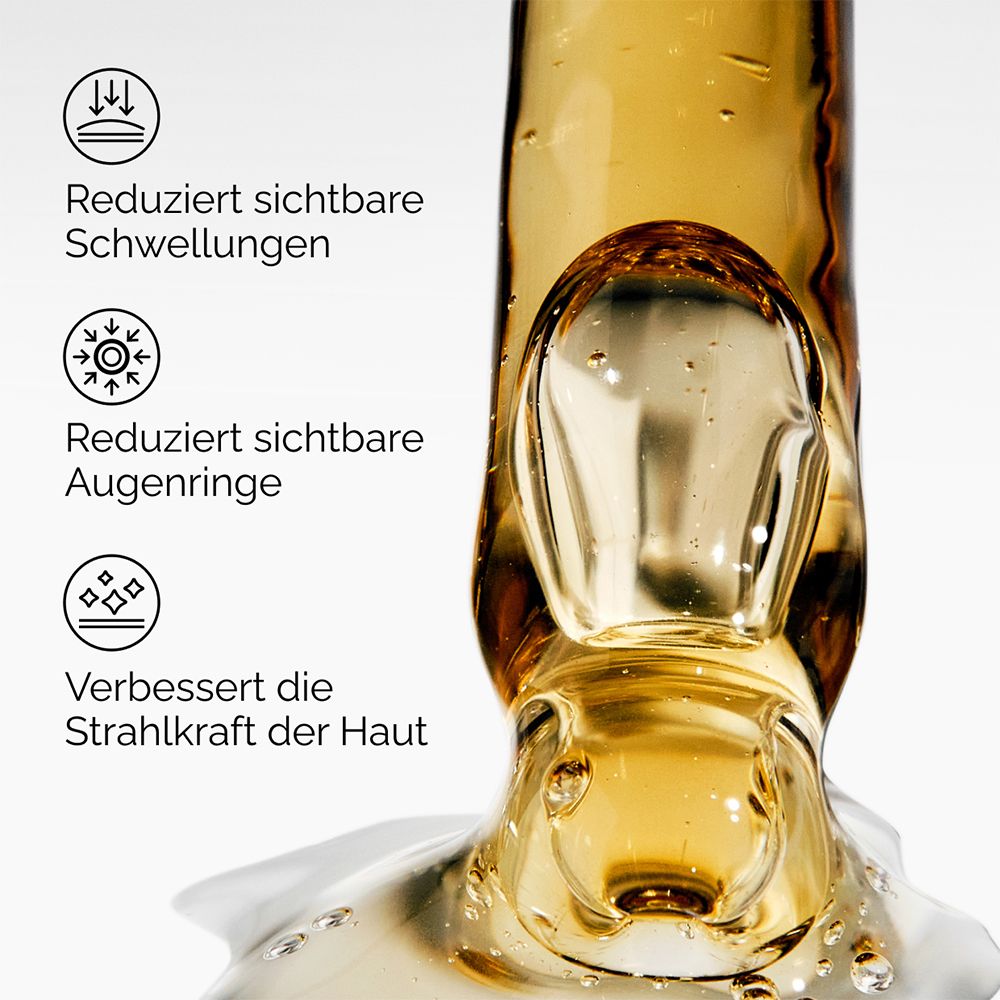 Flüssigkeit mit Symbolen. Symbole: Reduziert Schwellungen, Augenringe, verbessert die Haut.