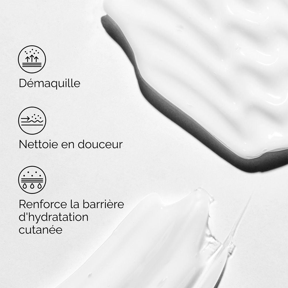Text und Icons: Entfernt Make-up, reinigt sanft, stärkt die Hautbarriere.