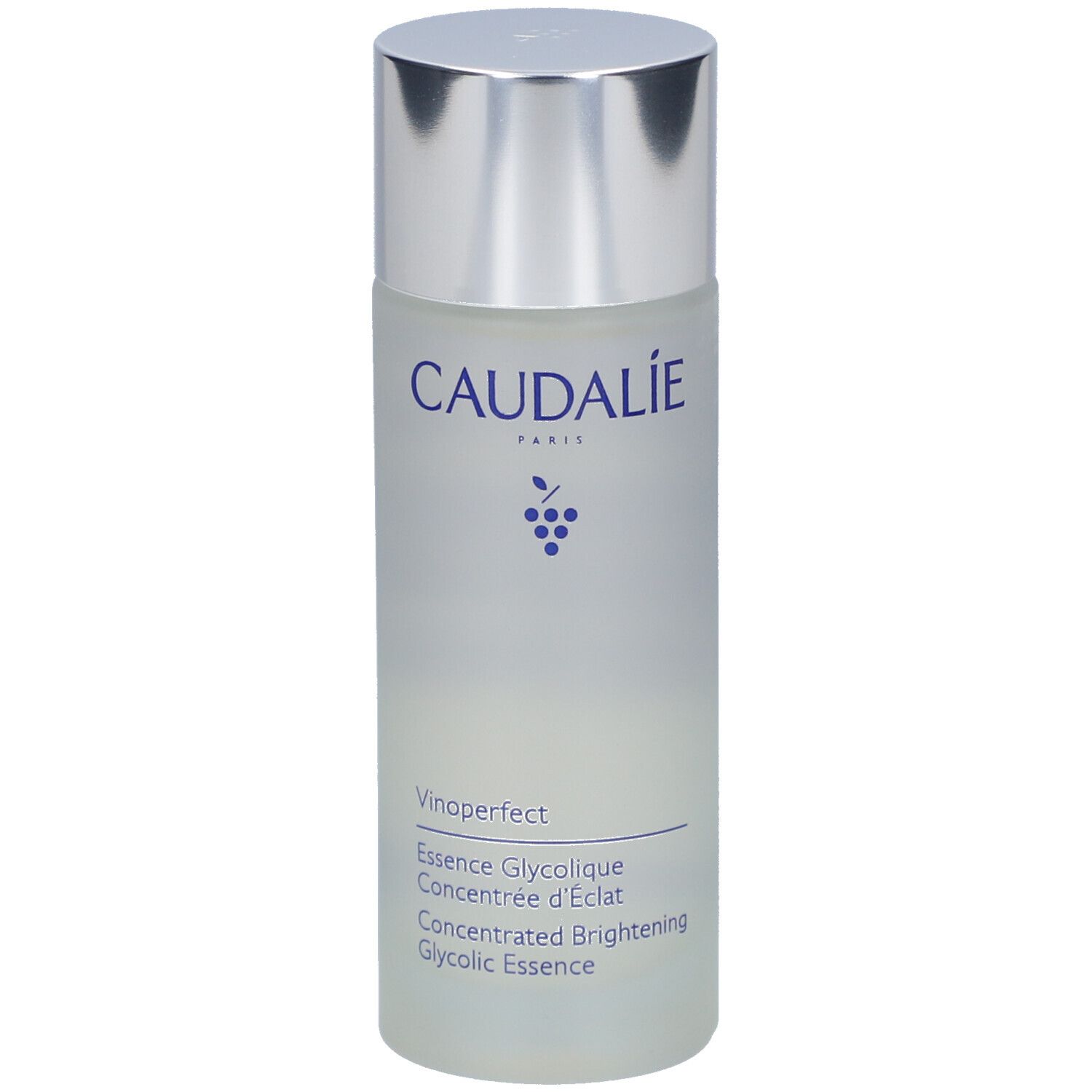 Zylindrische Flasche mit silbernem Deckel. Aufschrift Caudalie, darunter Vinoperfect Essence Glycolique.