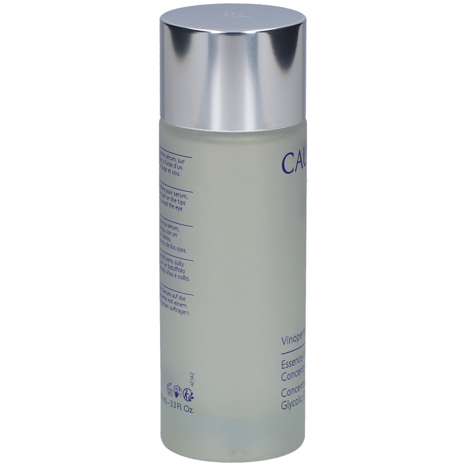 Rückansicht der Flasche. Text in mehreren Sprachen. Produktname: Vinoperfect Essence Glycolique.