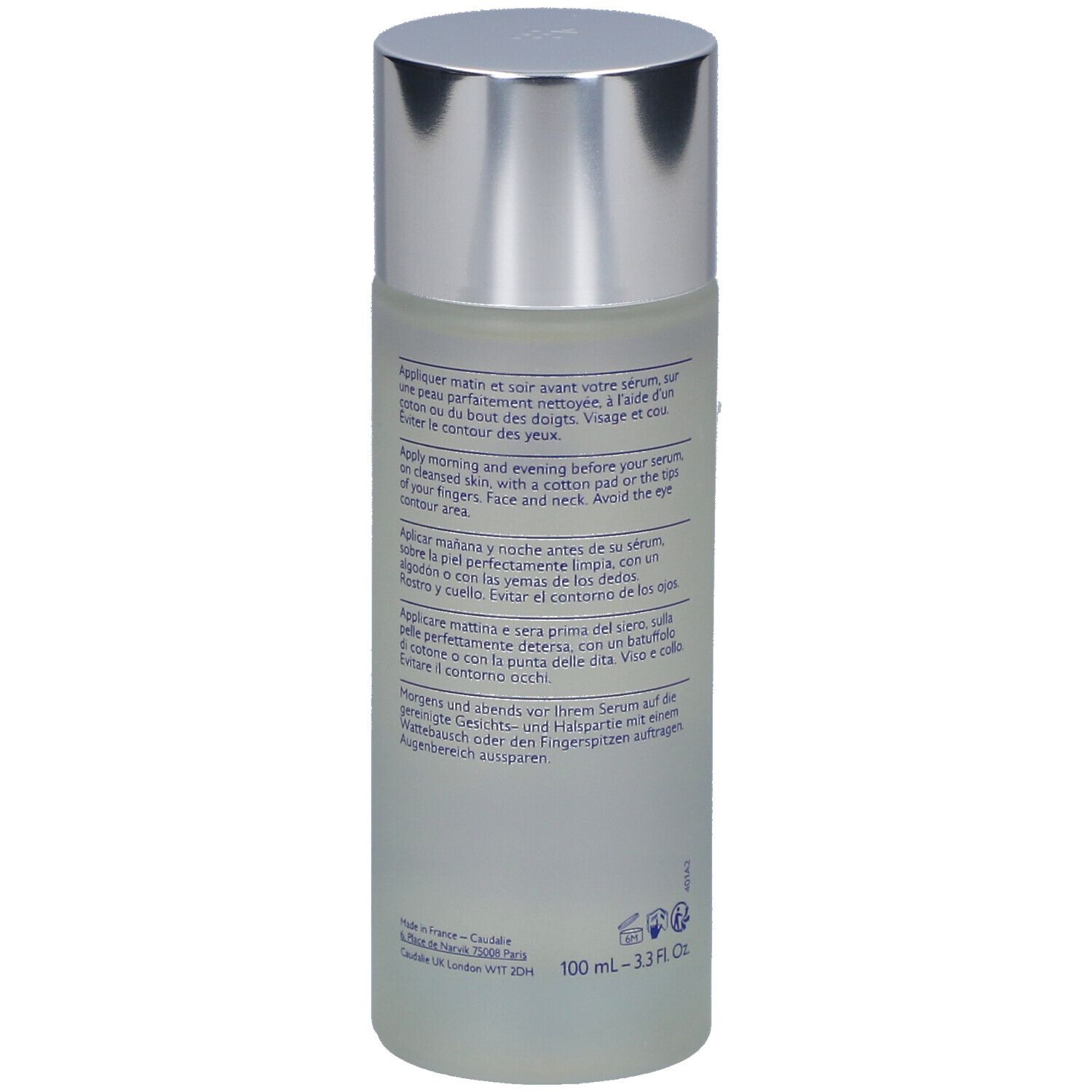 Rückansicht der Flasche. Text in mehreren Sprachen. Produktname: Vinoperfect Essence Glycolique.
