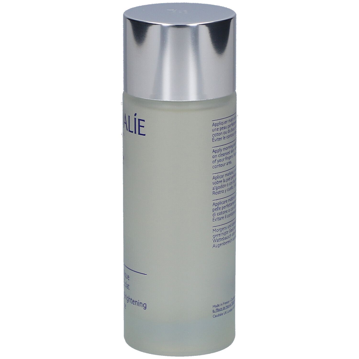 Rückansicht der Flasche. Text in mehreren Sprachen. Produktname: Vinoperfect Essence Glycolique.