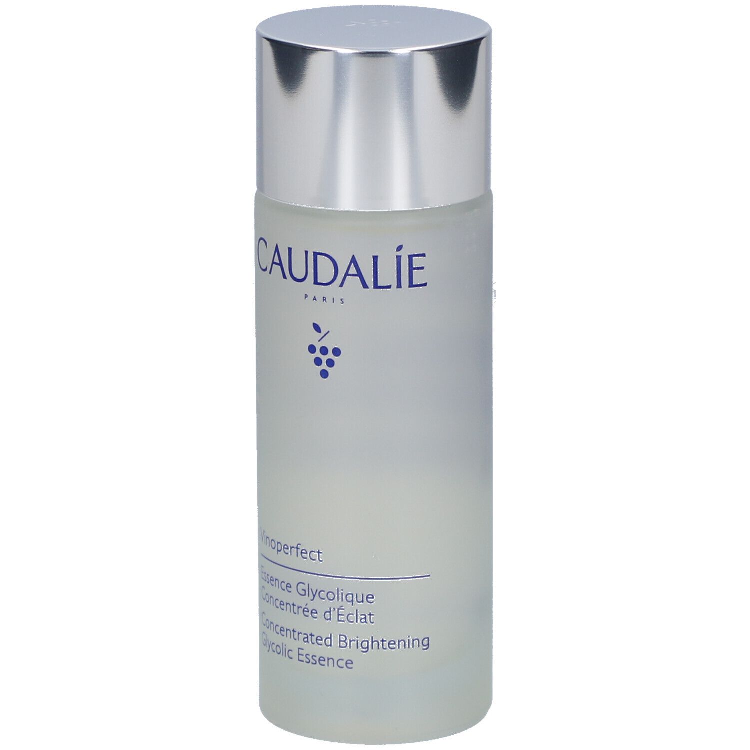 Zylindrische Flasche mit silbernem Deckel. Aufschrift Caudalie, darunter Vinoperfect Essence Glycolique.