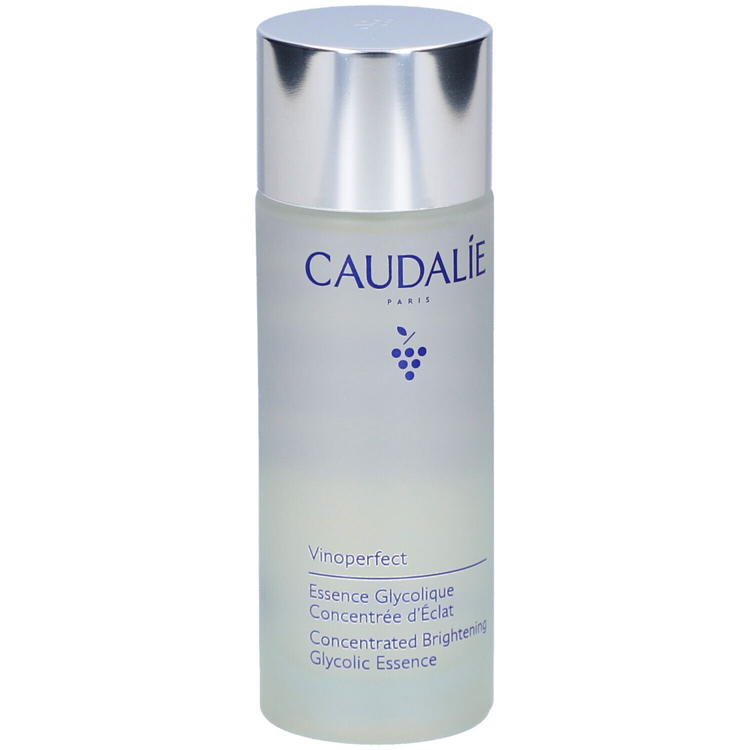 Zylindrische Flasche mit silbernem Deckel. Aufschrift Caudalie, darunter Vinoperfect Essence Glycolique.