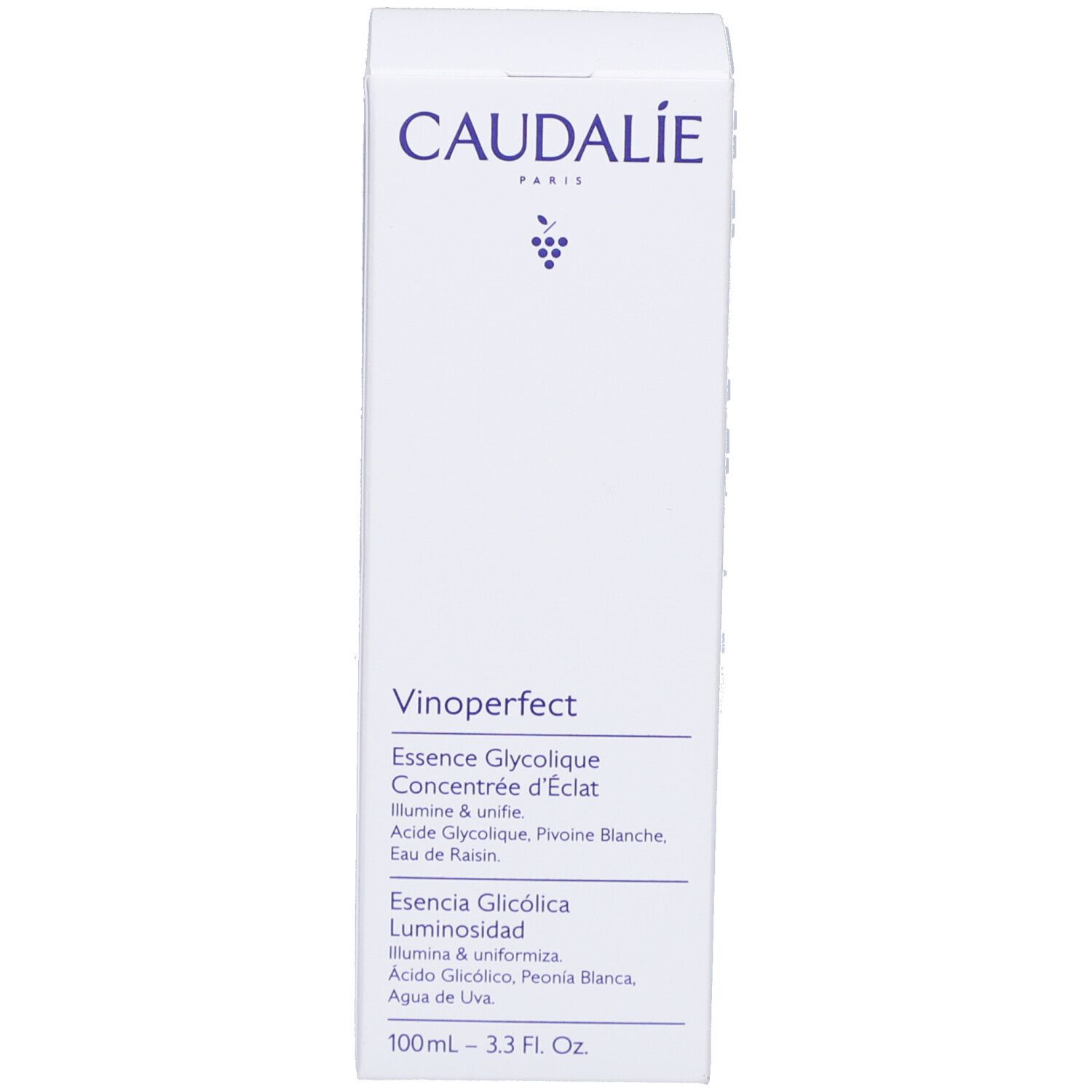 Verpackung. Aufschrift Caudalie, Vinoperfect Essence Glycolique. Verpackung: weiß mit blauer Schrift.