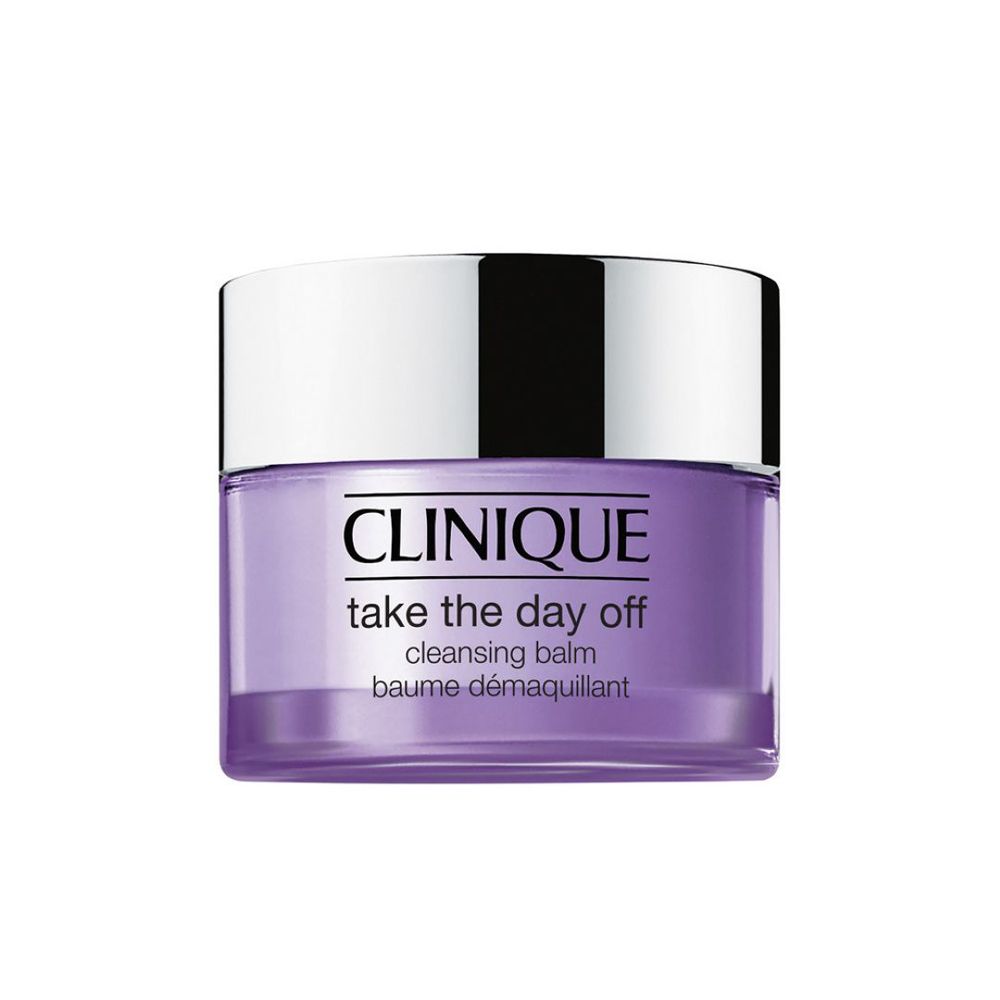 Lila Tiegel mit silbernem Deckel. Aufschrift: CLINIQUE, Take the Day Off, cleansing balm, Baume démaquillant.