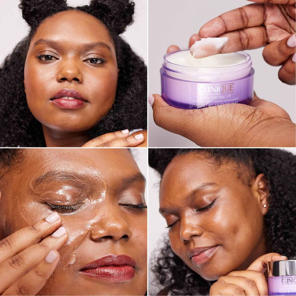 Vier Bilder zeigen eine Person, die das Produkt verwendet. Produkt: CLINIQUE Take the Day Off.