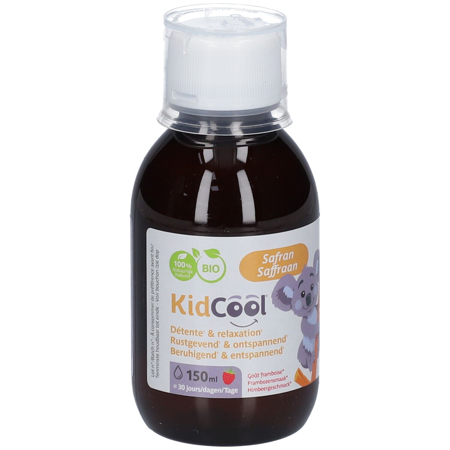 Braune Flasche mit weißem Deckel. Etikett mit Text und Koala-Illustration. 100% Bio-Siegel. Produktname: KidCool Safran.