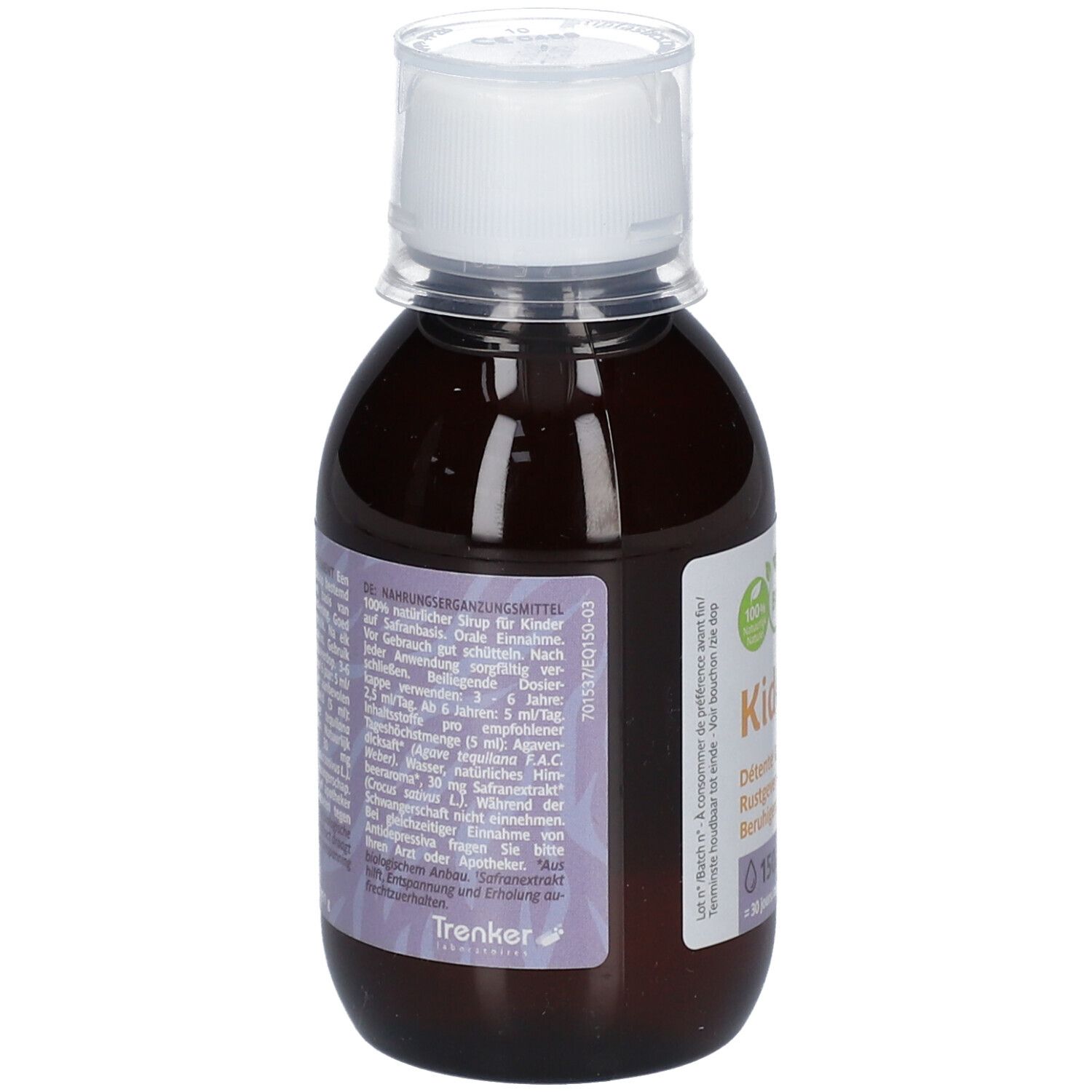 Rückseite einer braunen Flasche mit weißem Deckel. Etikett mit Text. Produktname: KidCool Safran.