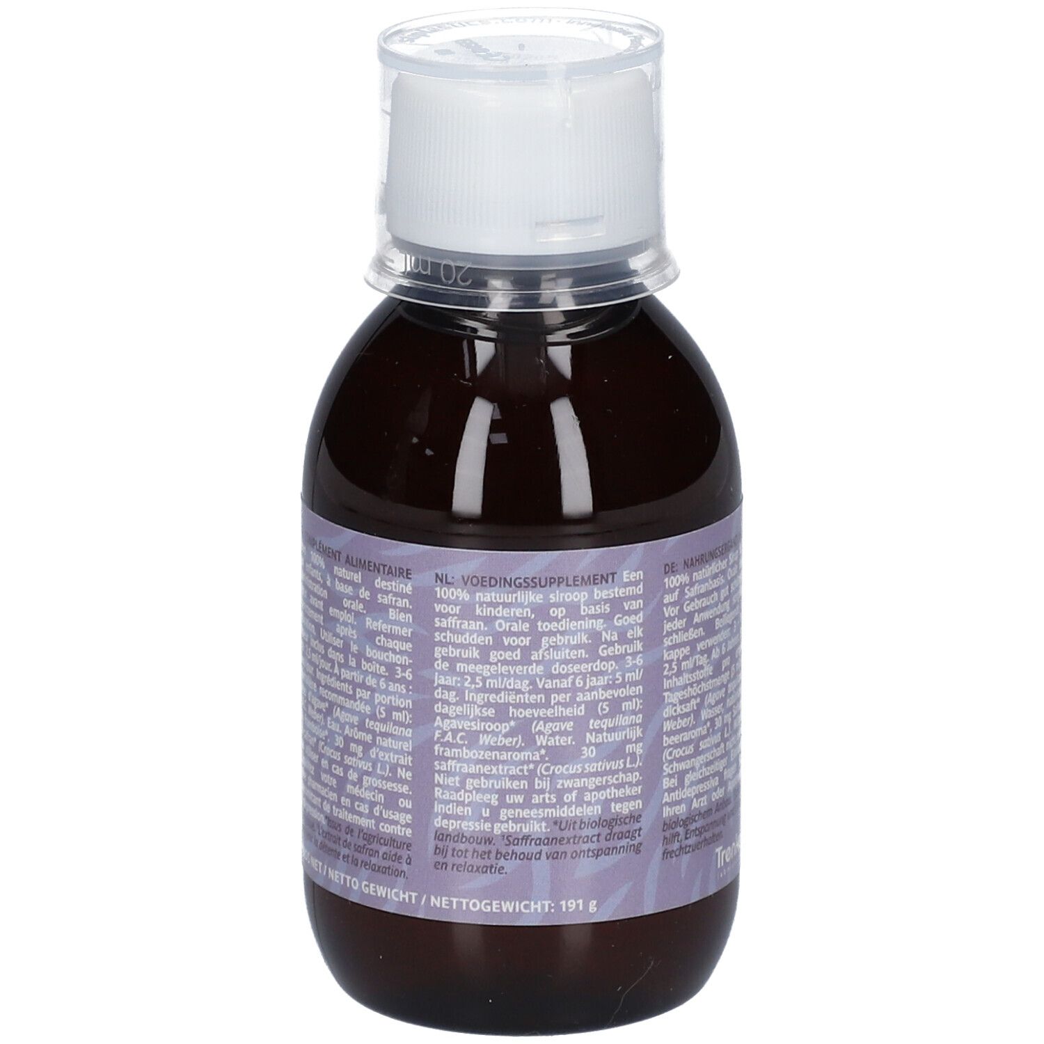 Rückseite einer braunen Flasche mit weißem Deckel. Etikett mit Text. Produktname: KidCool Safran.