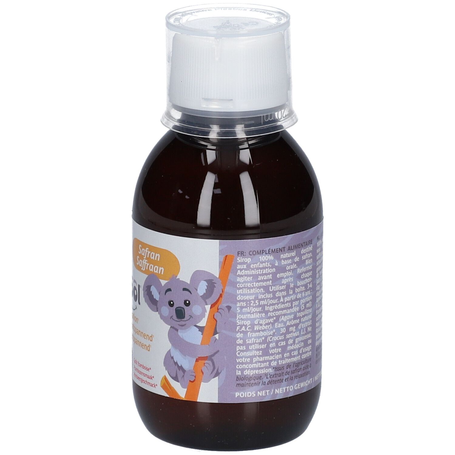 Braune Flasche mit weißem Deckel. Etikett mit Text und Koala-Illustration. Produktname: KidCool Safran.