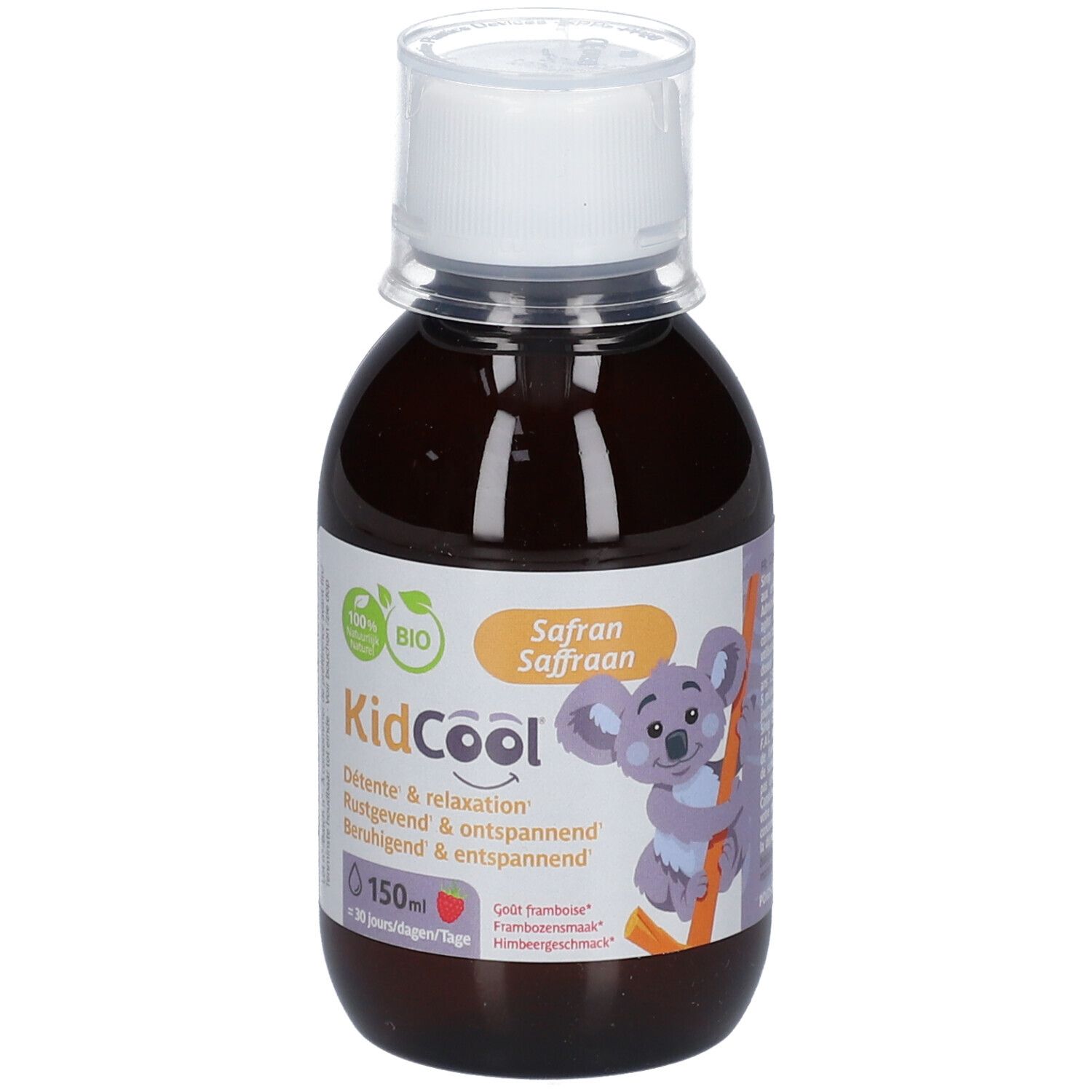 Braune Flasche mit weißem Deckel. Etikett mit Text und Koala-Illustration. 100% Bio-Siegel. Produktname: KidCool Safran.
