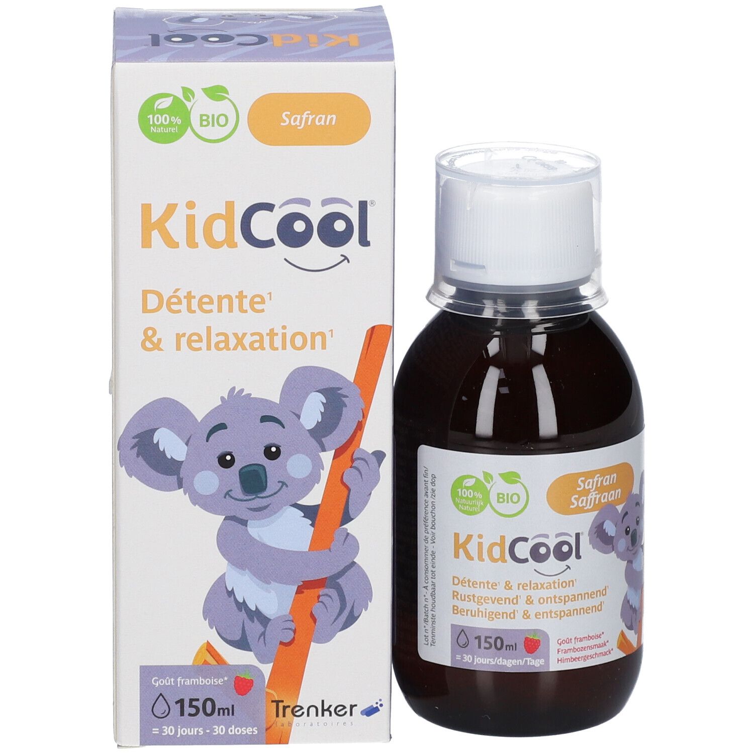 Produktflasche und Verpackung. Verpackung mit Text, Koala-Illustration und Produktname: KidCool Safran.