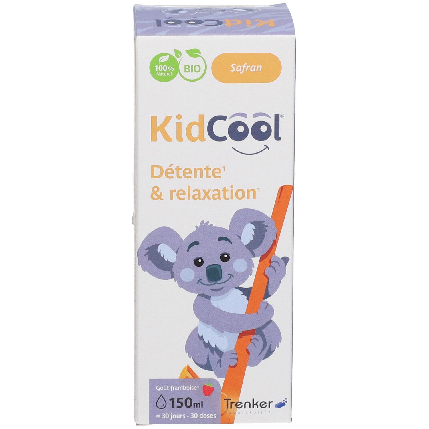 Verpackung mit Text, Koala-Illustration und Produktname: KidCool Safran.