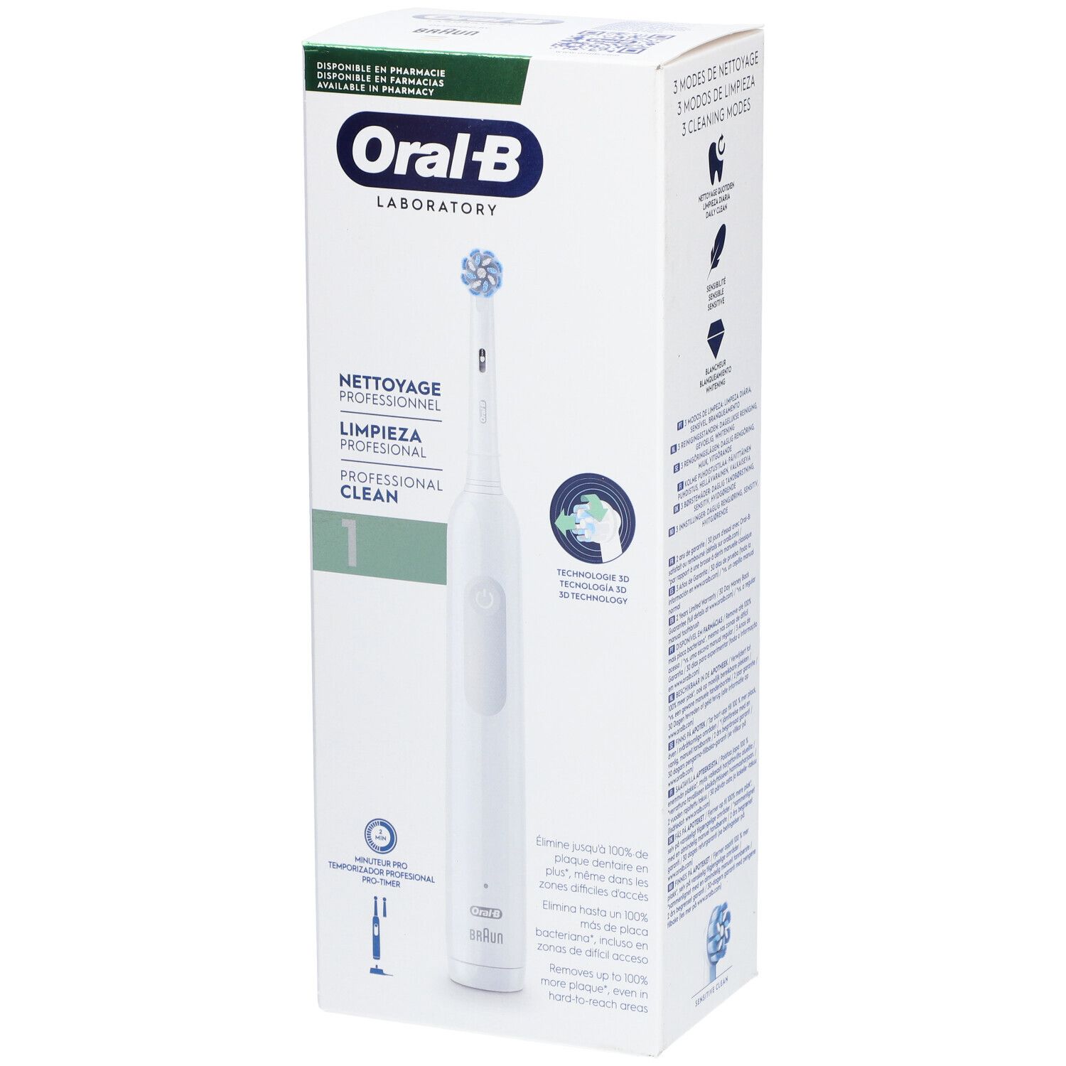 Elektrische Zahnbürste in Verpackung. Weißes Gehäuse, blauer Bürstenkopf. Text: Oral-B, Professional Clean 1, Reinigung.