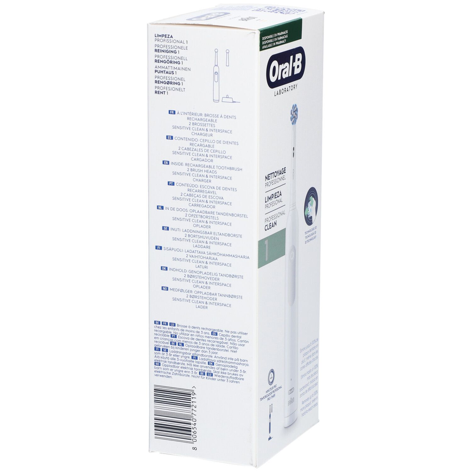 Verpackung der elektrischen Zahnbürste. Text: Oral-B, Professional Clean 1. Illustrationen: Zahnbürste, Zubehör.