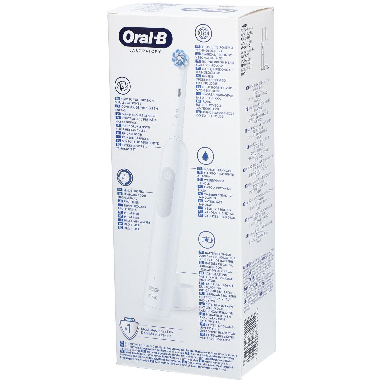 Rückseite der Verpackung. Text: Oral-B, Professional Clean 1. Illustrationen: Zahnbürste, Ladefunktion, Drucksensor.