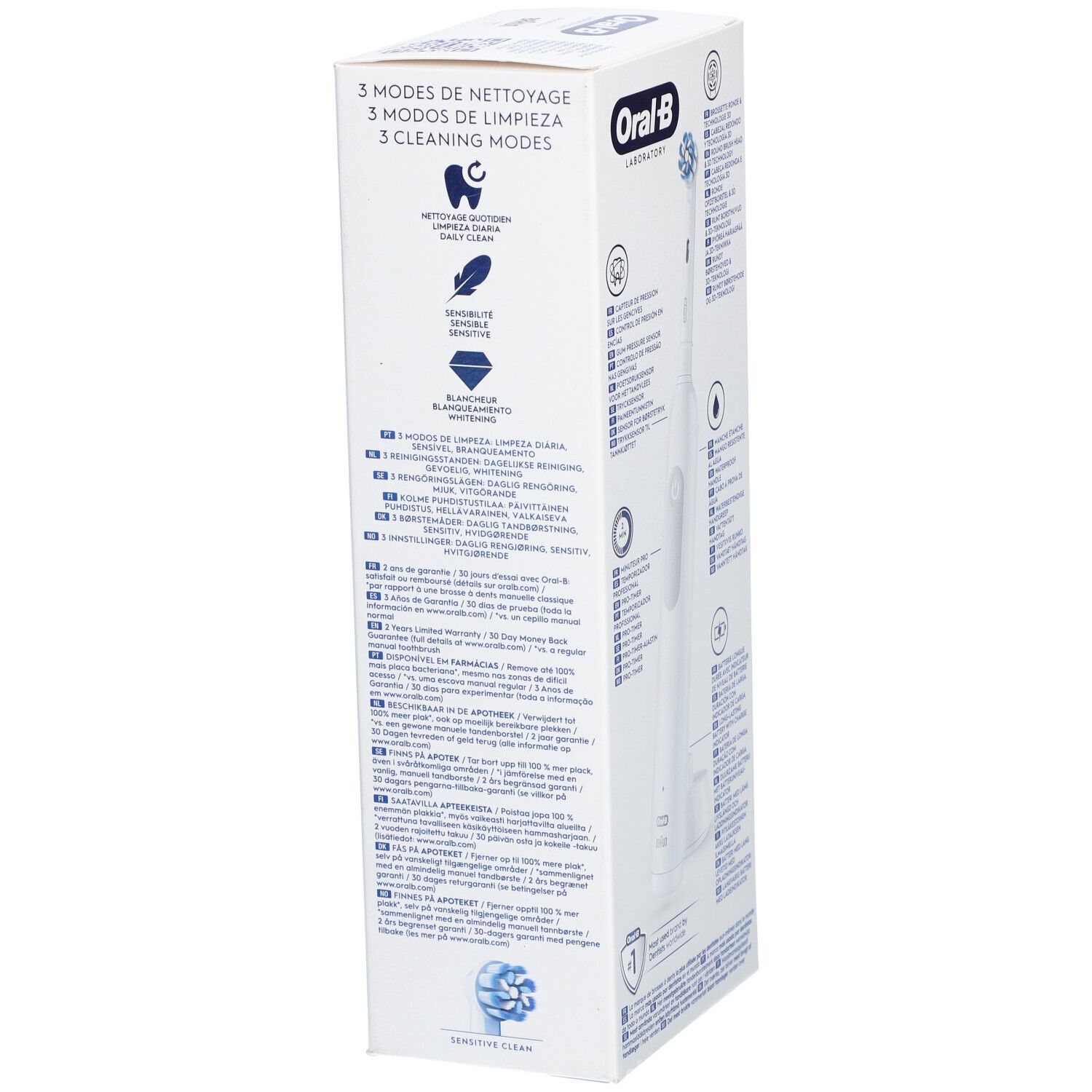 Verpackung, Detailansicht. Text: Oral-B, Professional Clean 1. Illustrationen: Reinigungsmodi, Zahnaufhellung, Sensitiv.