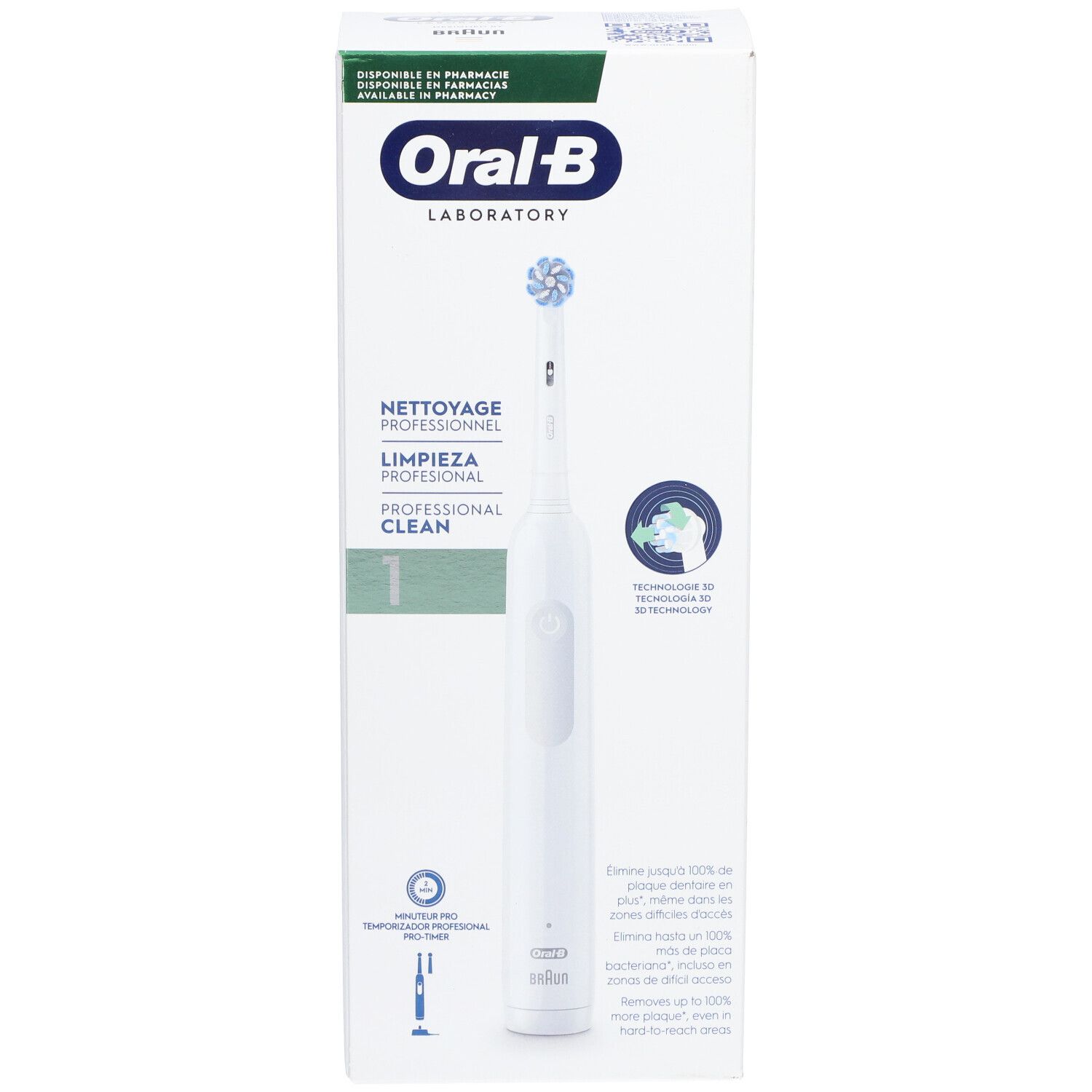 Elektrische Zahnbürste in Verpackung. Weißes Gehäuse, blauer Bürstenkopf. Text: Oral-B, Professional Clean 1.