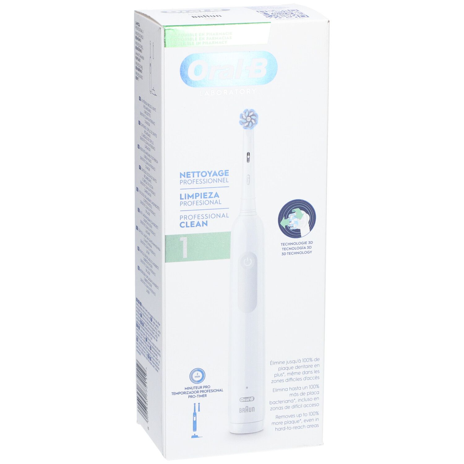 Elektrische Zahnbürste in Verpackung. Weißes Gehäuse, blauer Bürstenkopf. Text: Oral-B, Professional Clean 1.