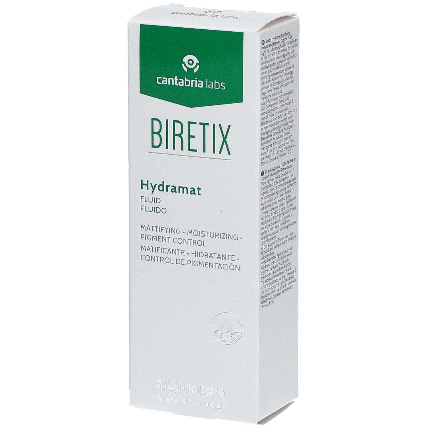 Weiße Verpackung mit grünem Logo. Schriftzug BIRETIX Hydramat. Angaben zu Mattierung, Feuchtigkeitspflege und Pigmentkontrolle.