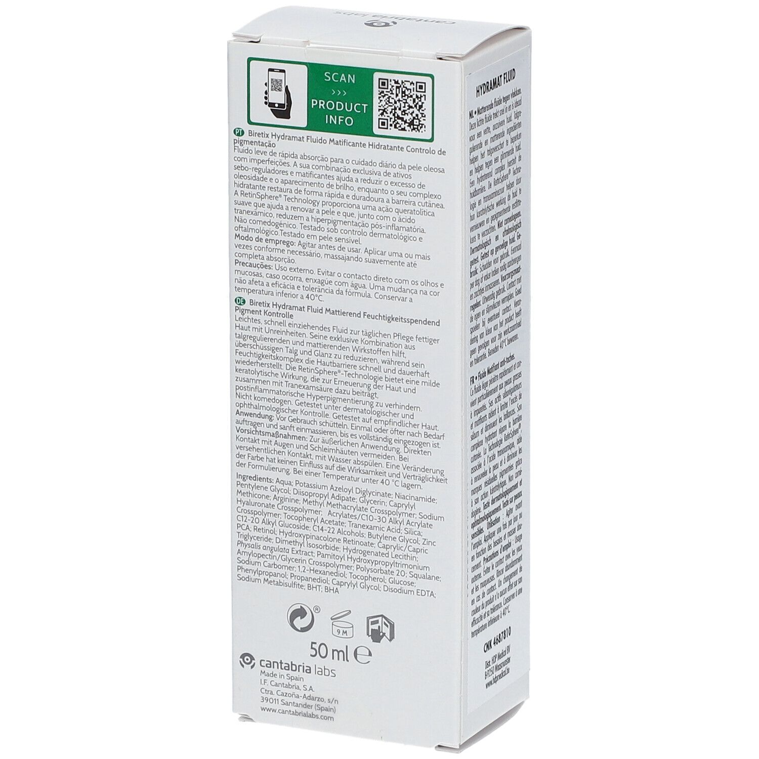 Weiße Verpackung, seitliche Ansicht. Text in mehreren Sprachen. Logo und Produktname BIRETIX Hydramat. QR-Code.