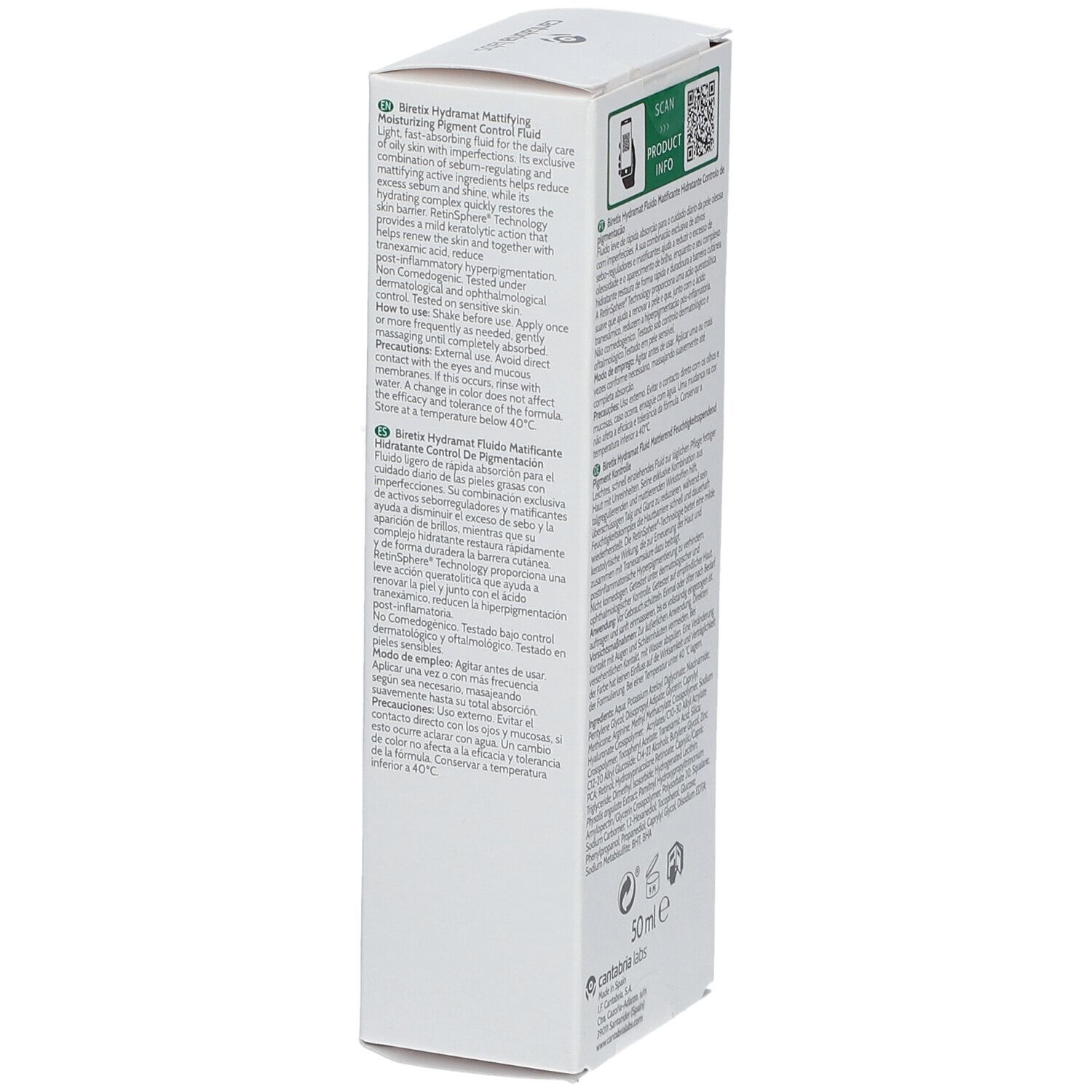 Weiße Verpackung, seitliche Ansicht. Text in mehreren Sprachen. Logo und Produktname BIRETIX Hydramat. QR-Code.
