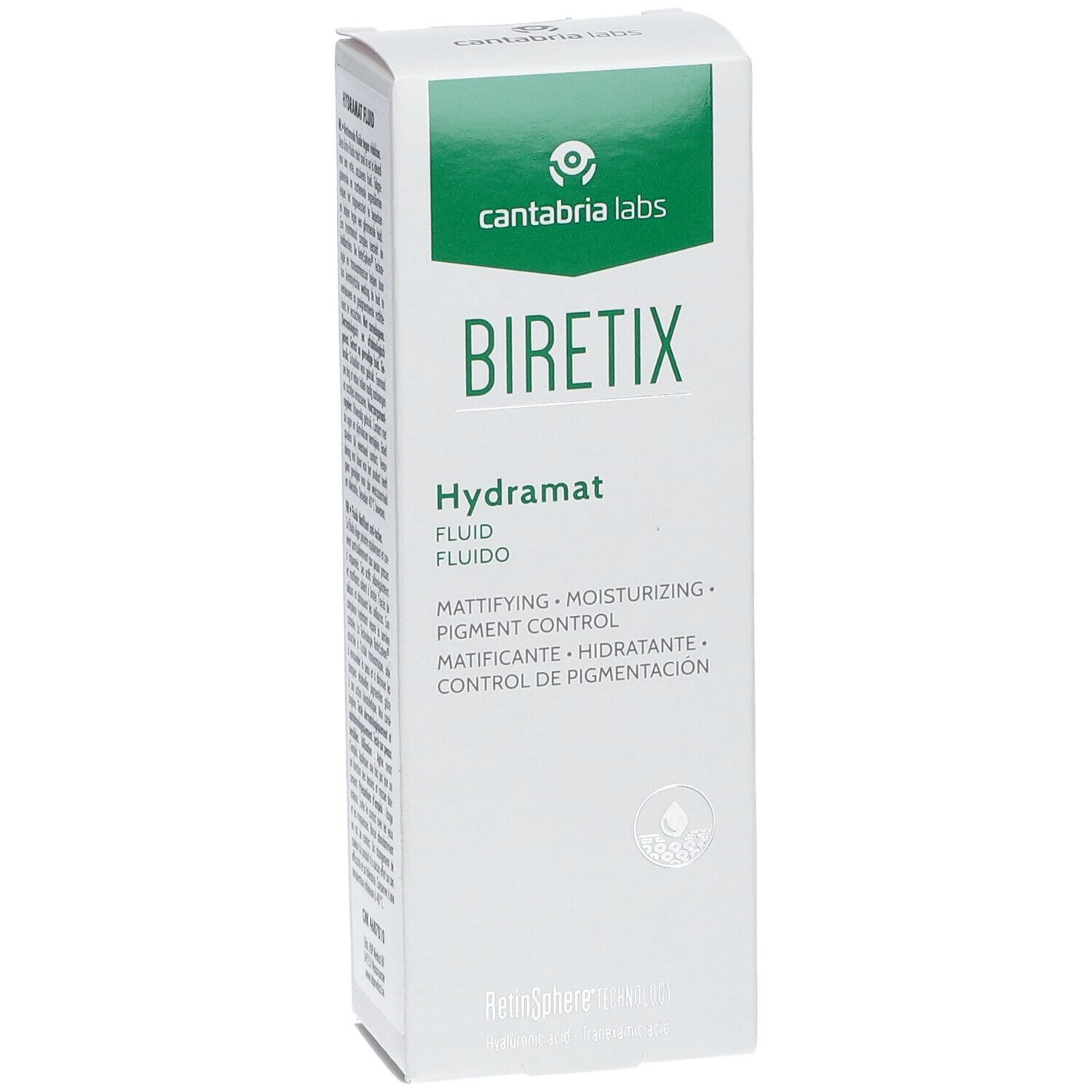 Weiße Verpackung mit grünem Logo. Schriftzug BIRETIX Hydramat. Angaben zu Mattierung, Feuchtigkeitspflege und Pigmentkontrolle.