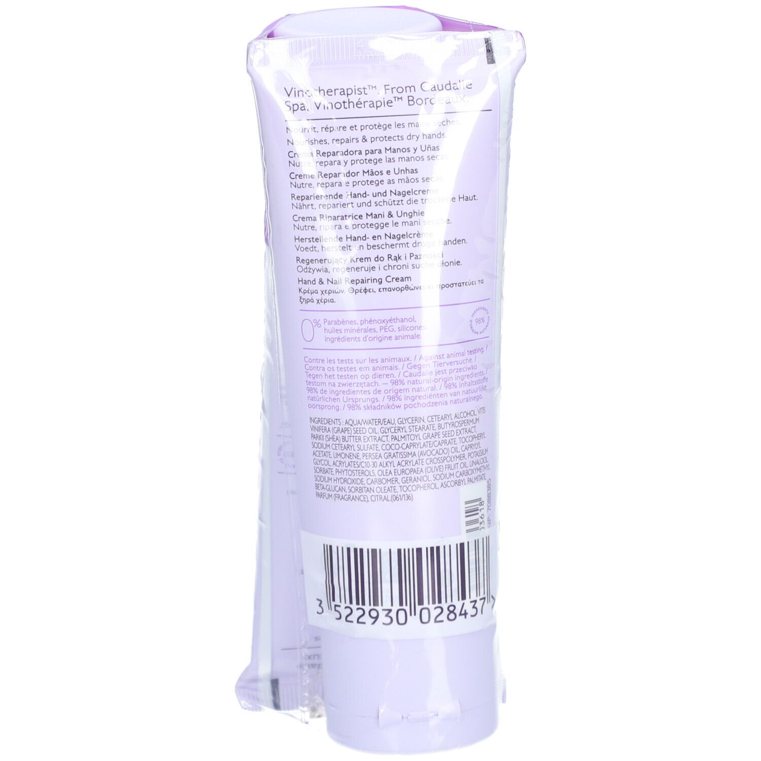 Rückseite des Caudalie Hand- und Nagelcreme-Duos. Produktinformationen und Barcode auf den Tuben.