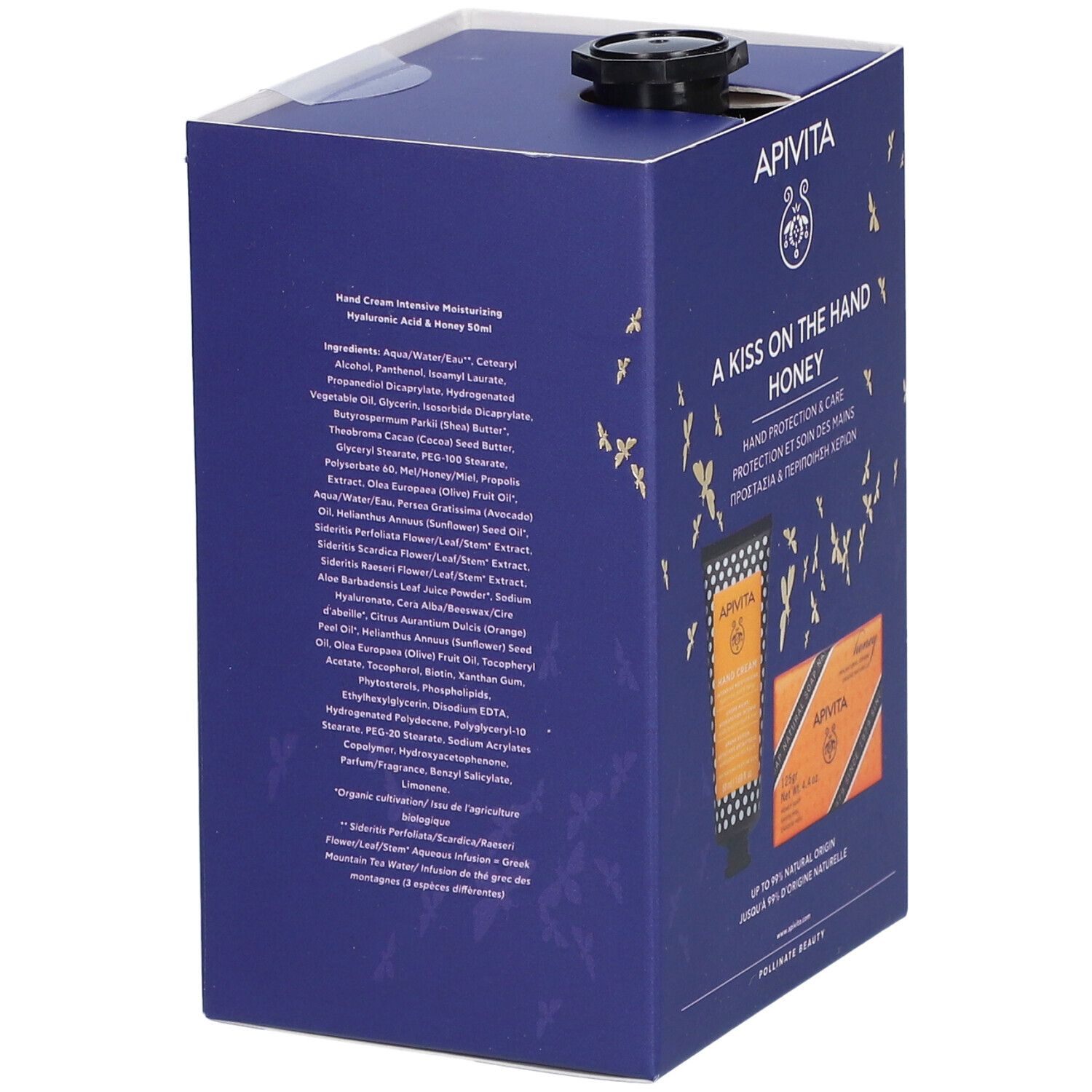 Rückseite der Verpackung mit Inhaltsstoffen und Produktinformationen. Text in mehreren Sprachen. Schwarzer Deckel oben.