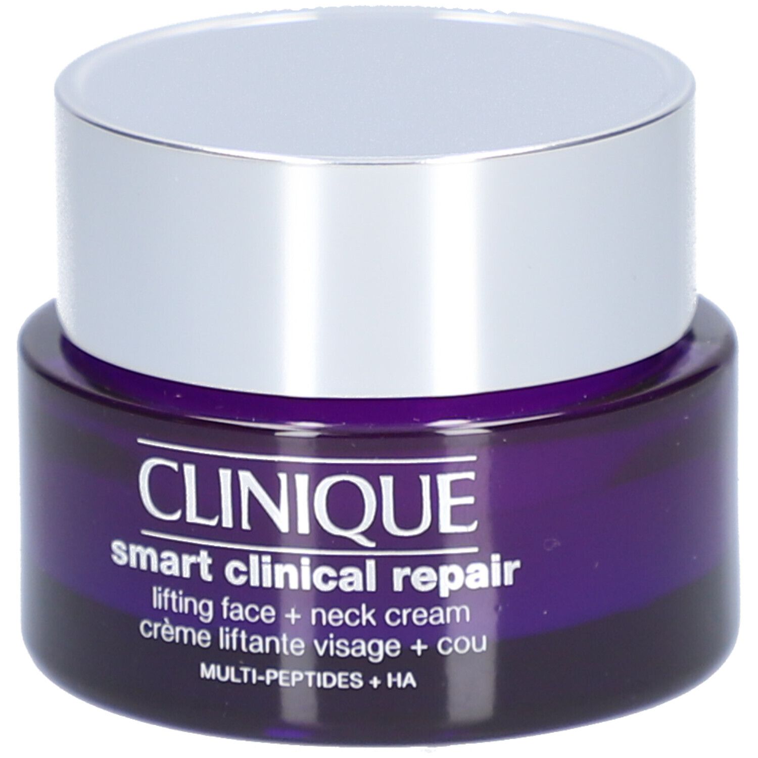 Dunkelviolettes Tiegel mit silbernem Deckel. Aufschrift: CLINIQUE Smart Clinical Repair Lifting Cream Gesicht + Hals.