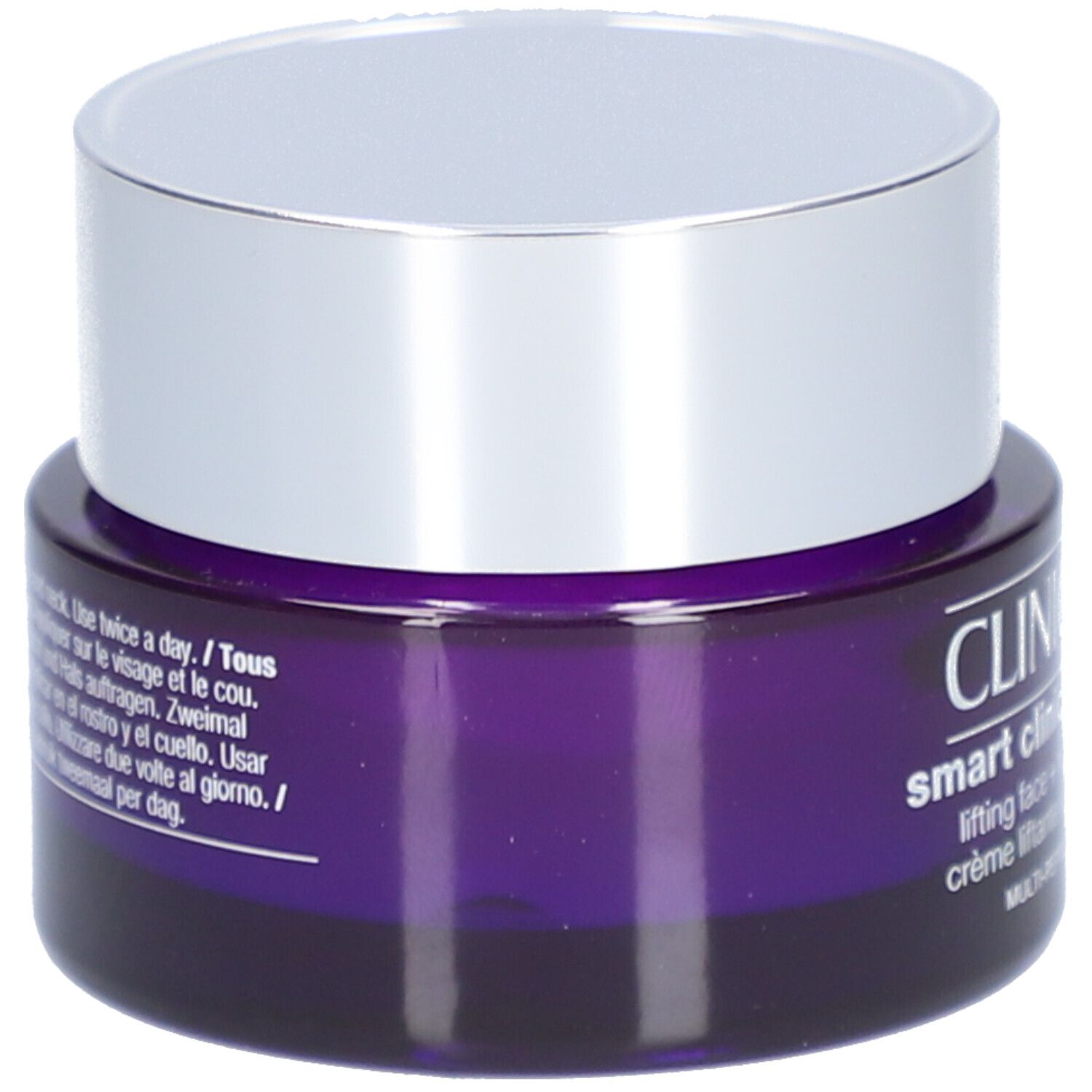 Dunkelviolettes Tiegel mit silbernem Deckel. Aufschrift: CLINIQUE Smart Clinical Repair Lifting Cream Gesicht + Hals.