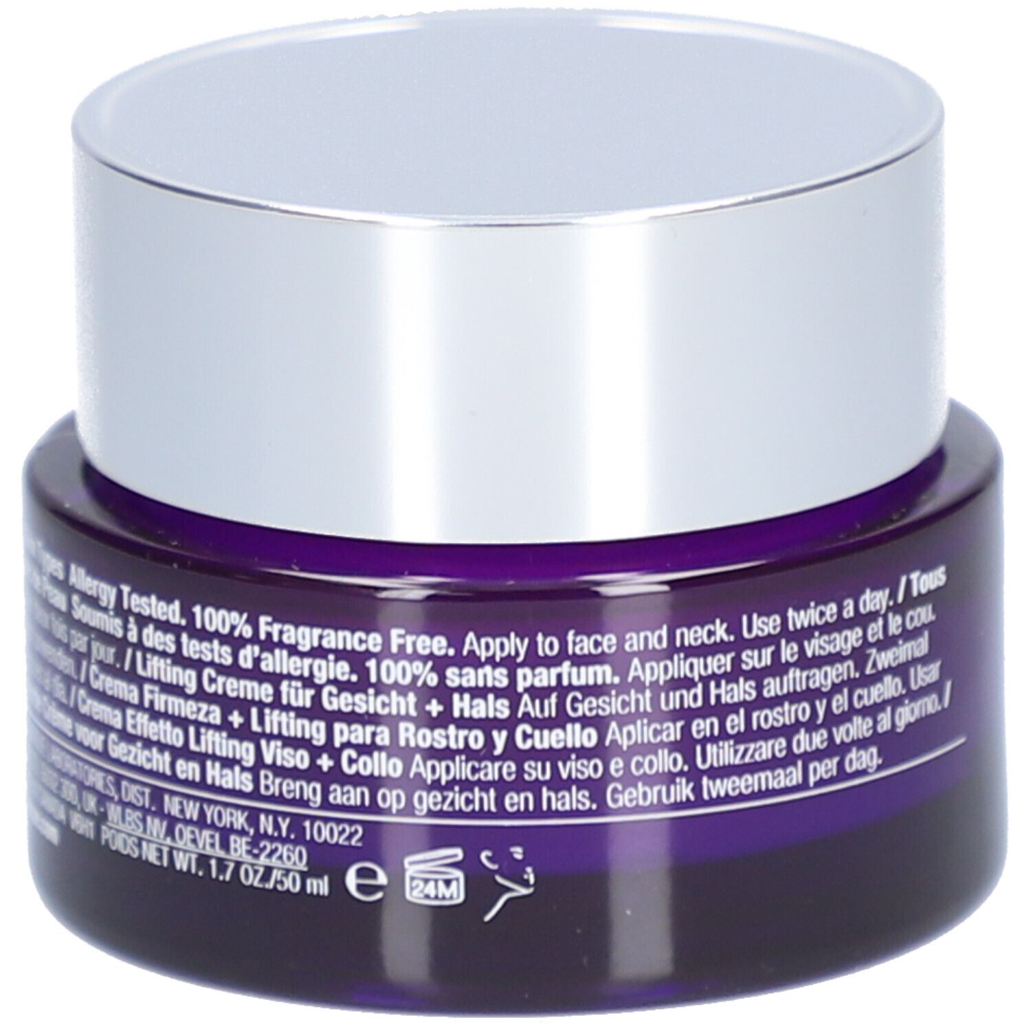 Dunkelviolettes Tiegel mit silbernem Deckel. Text auf dem Tiegel. Aufschrift: CLINIQUE Smart Clinical Repair Lifting Cream Gesicht + Hals.
