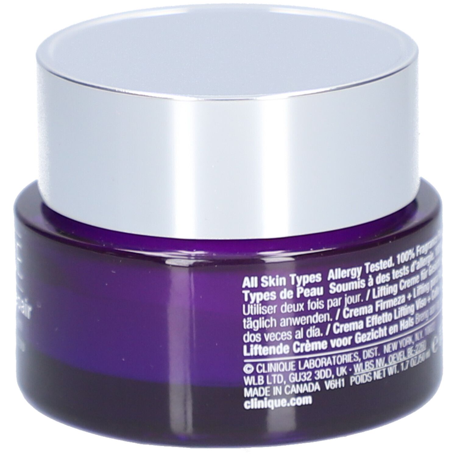 Dunkelviolettes Tiegel mit silbernem Deckel. Text auf dem Tiegel. Aufschrift: CLINIQUE Smart Clinical Repair Lifting Cream Gesicht + Hals.