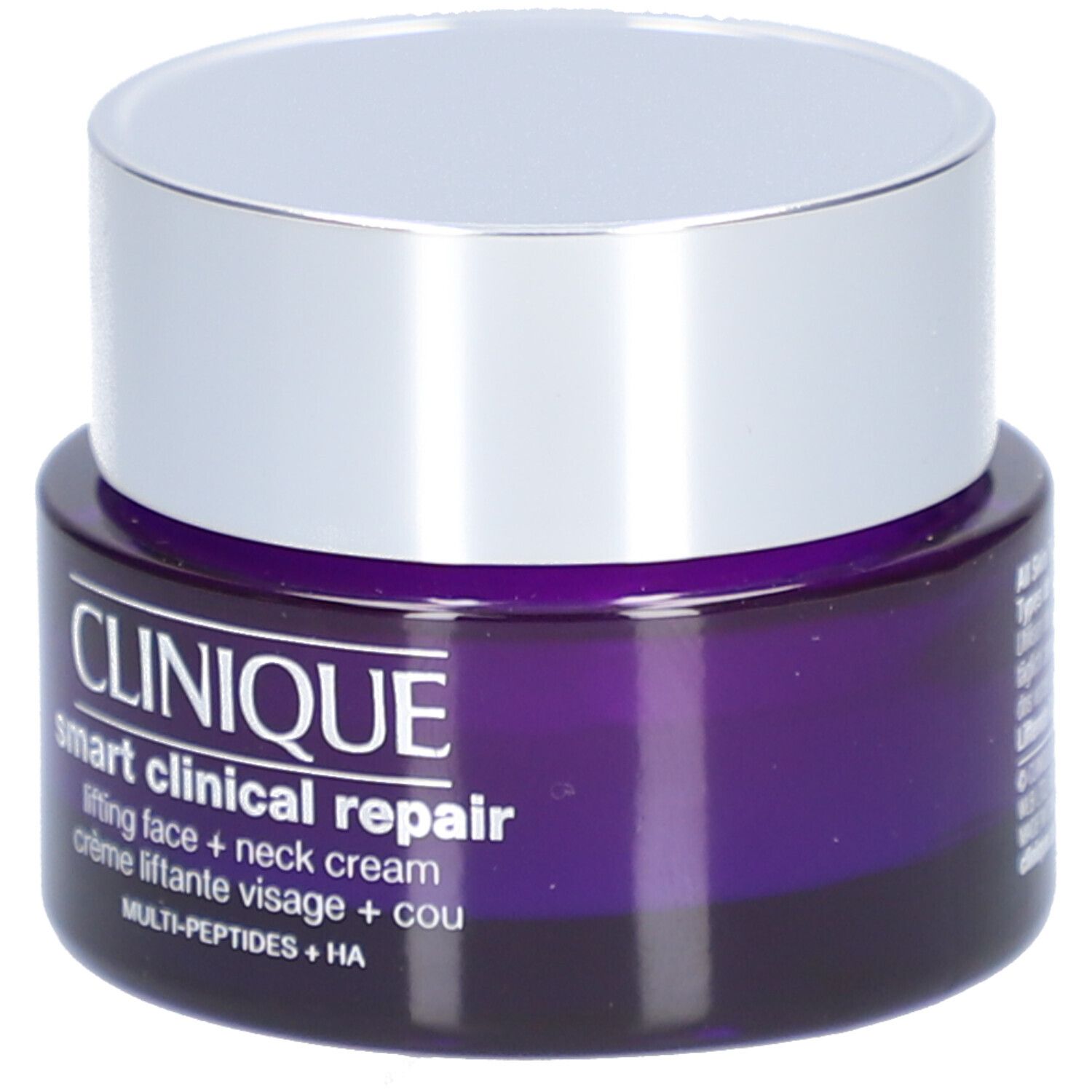Dunkelviolettes Tiegel mit silbernem Deckel. Aufschrift: CLINIQUE Smart Clinical Repair Lifting Cream Gesicht + Hals.