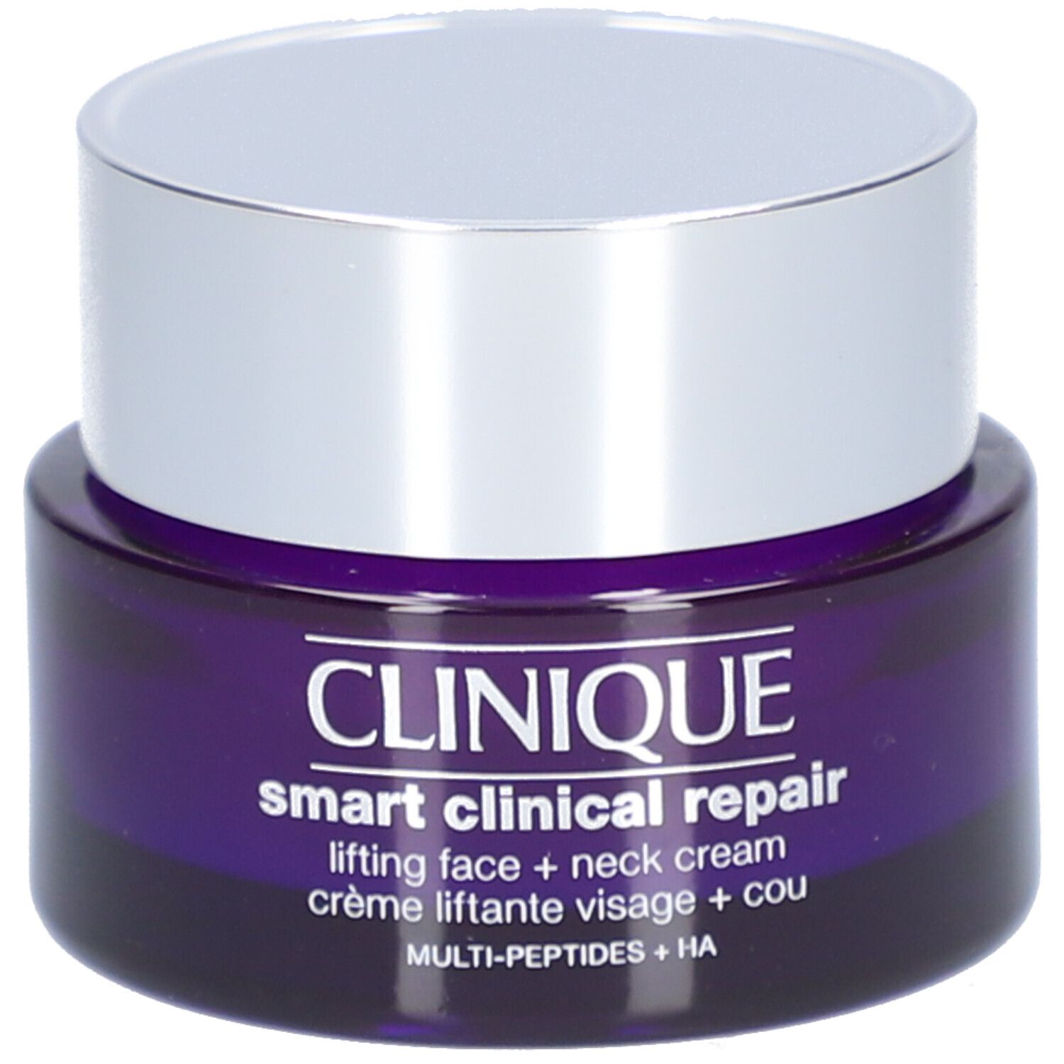 Dunkelviolettes Tiegel mit silbernem Deckel. Aufschrift: CLINIQUE Smart Clinical Repair Lifting Cream Gesicht + Hals.