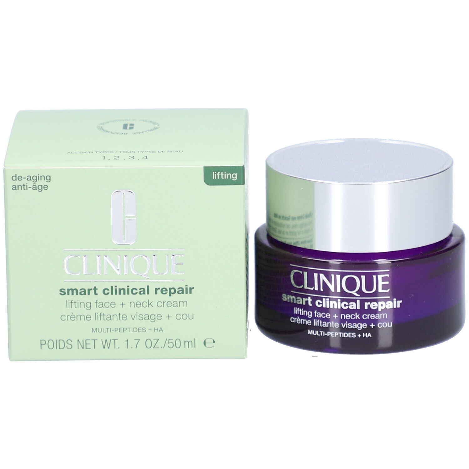 Produktverpackung und Tiegel. Aufschrift: CLINIQUE Smart Clinical Repair Lifting Cream Gesicht + Hals. Grüne Verpackung.