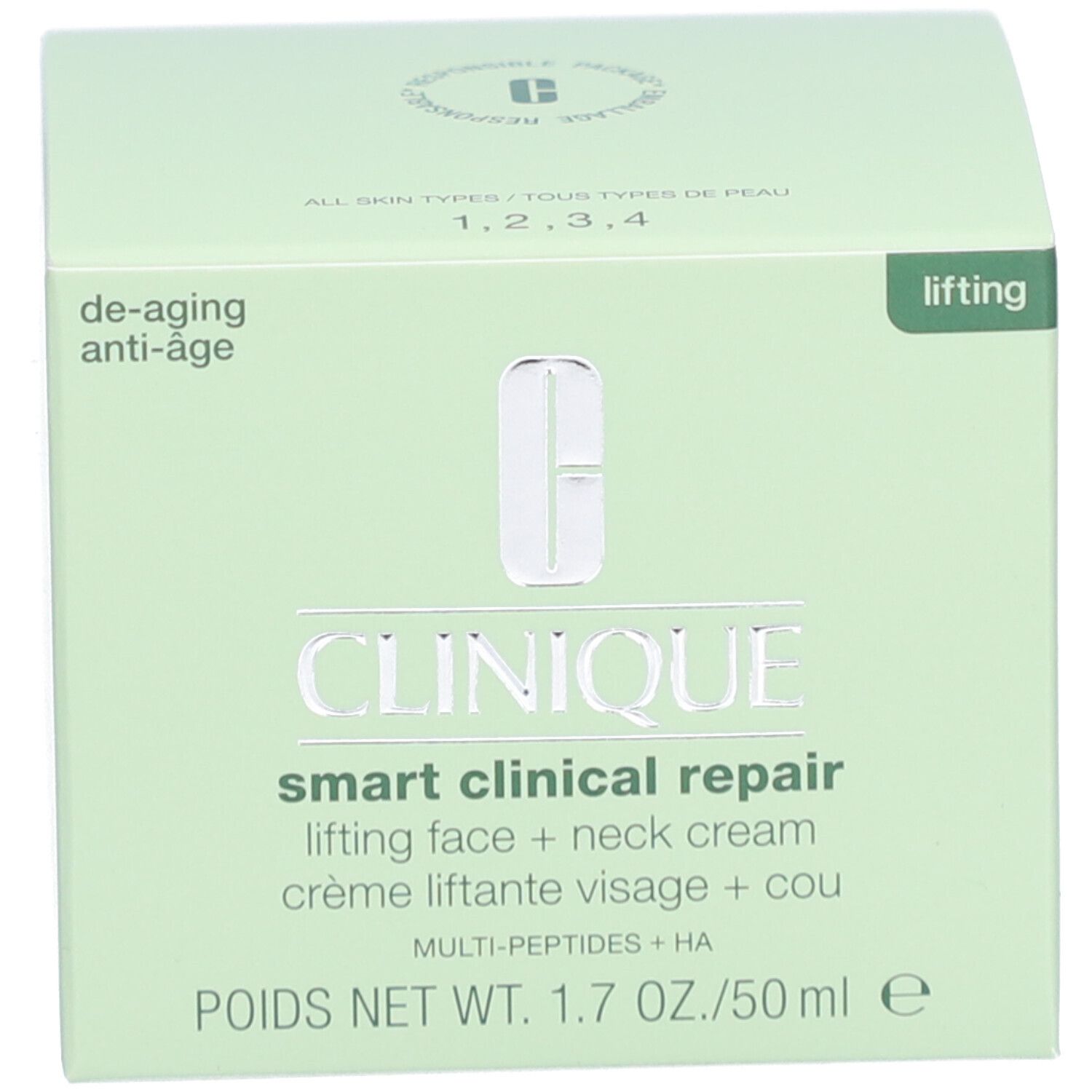 Grüne Produktverpackung. Aufschrift: CLINIQUE Smart Clinical Repair Lifting Cream Gesicht + Hals. Text.