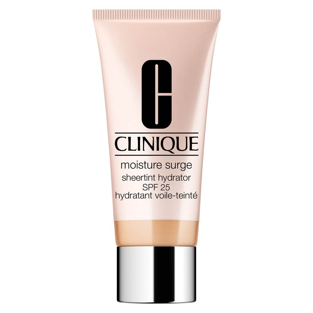 CLINIQUE Moisture Surge Sheertint Hydrator SPF25 2 Light in einer rosafarbenen Tube mit silbernem Verschluss.